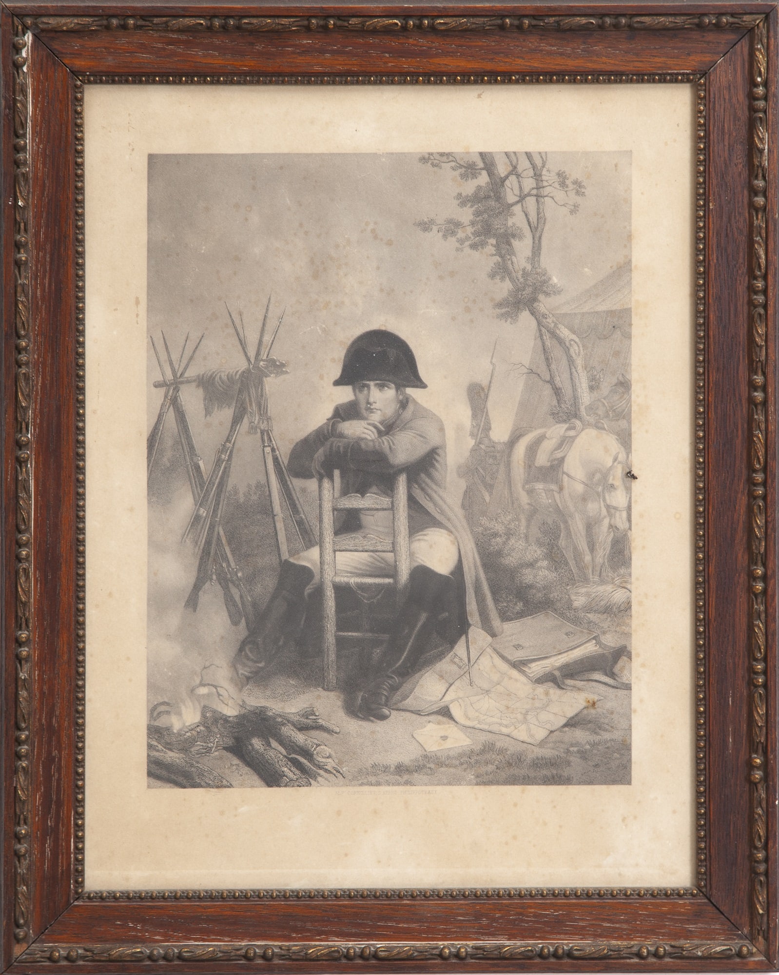 Alfred Cornillet: Napoleon en Bivouac de la Bataille d'Austerlitz Engraving * (Sight 17 1/4" h x 13" w Overall 20 3/4" x 16 1/2") foxing