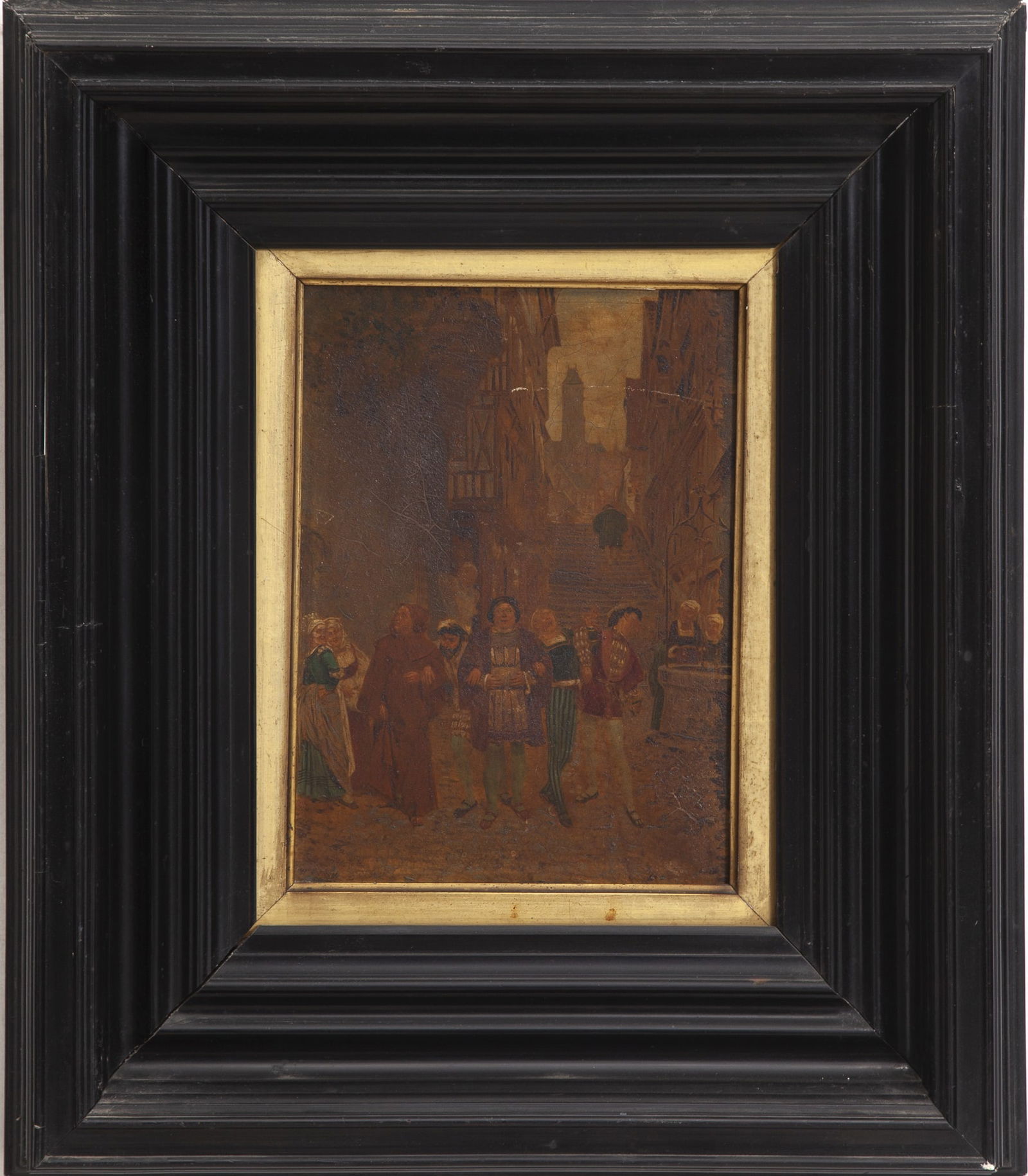 Continental School: Villagers Carousing Oil on panel * (Sight 10" h x 7 3/8" w Overall 20" x 17 3/8")Qty: (1) wear to frame, cracking