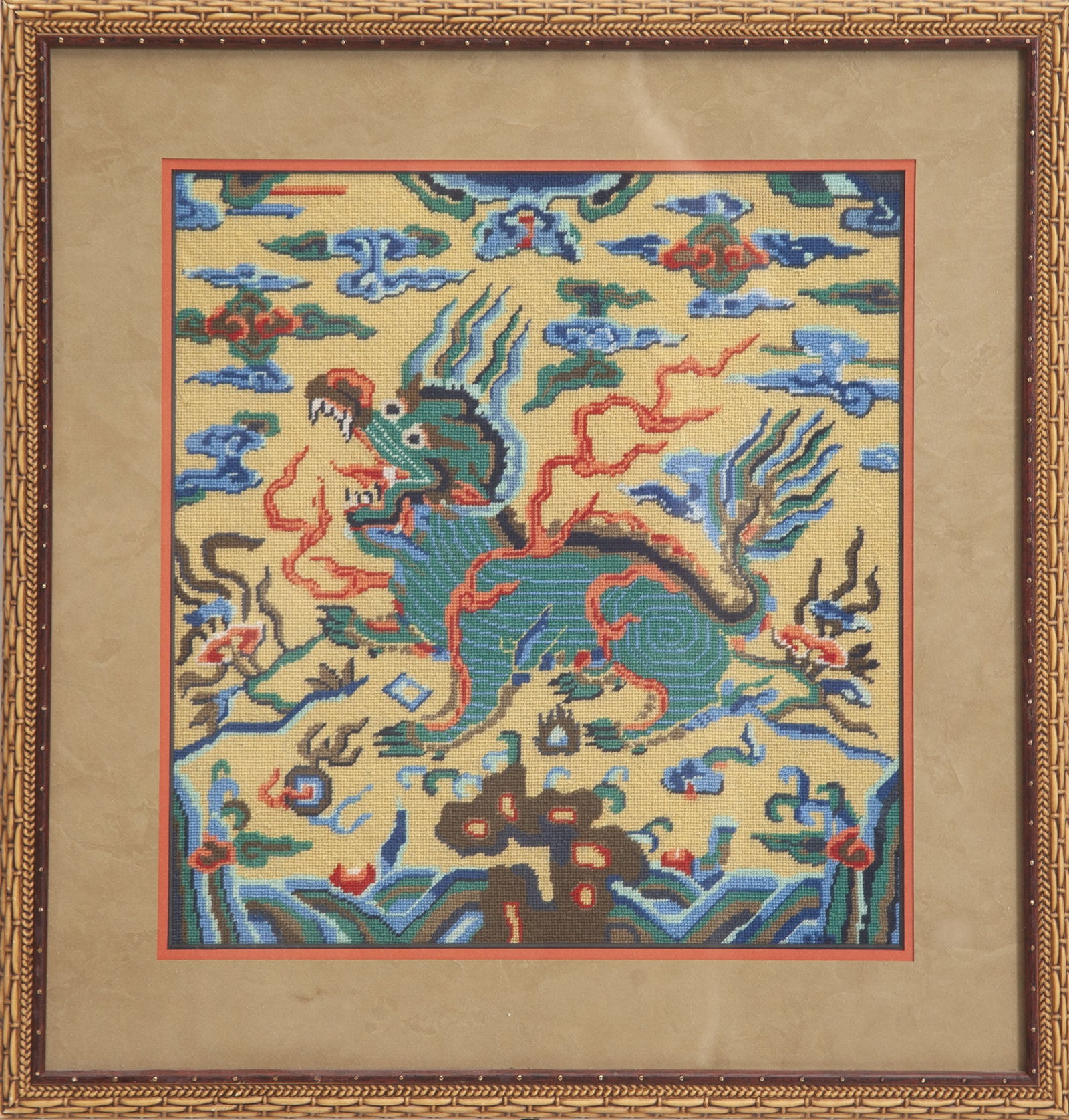 Asian Style Needlepoint: * (Sight 14 1/2" h x 13 1/4" w Overall 20 1/2" x 20") Good