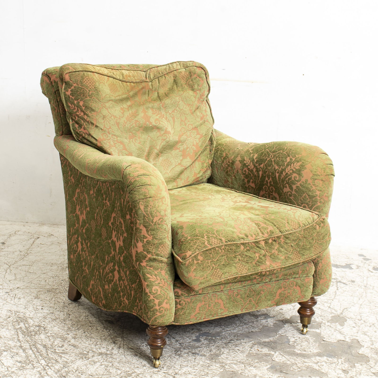 George Smith Style Damask Upholstered Armchair: Westly Hills Inc. * (35" h x 33 1/2" w x 39" d) Good