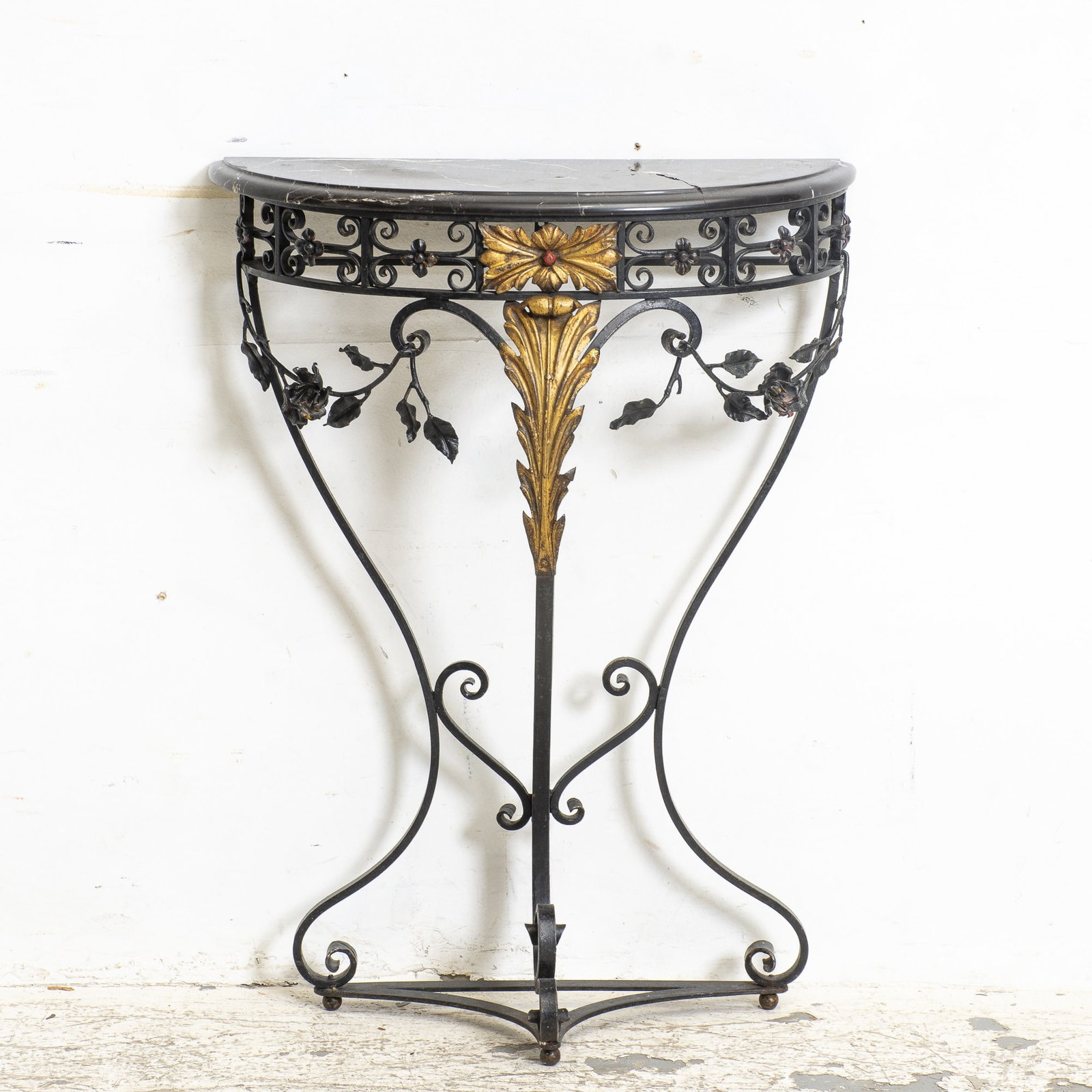 Painted Iron Marble Top Console: * (32" h x 23 1/2" w x 10" d) Crack to marble