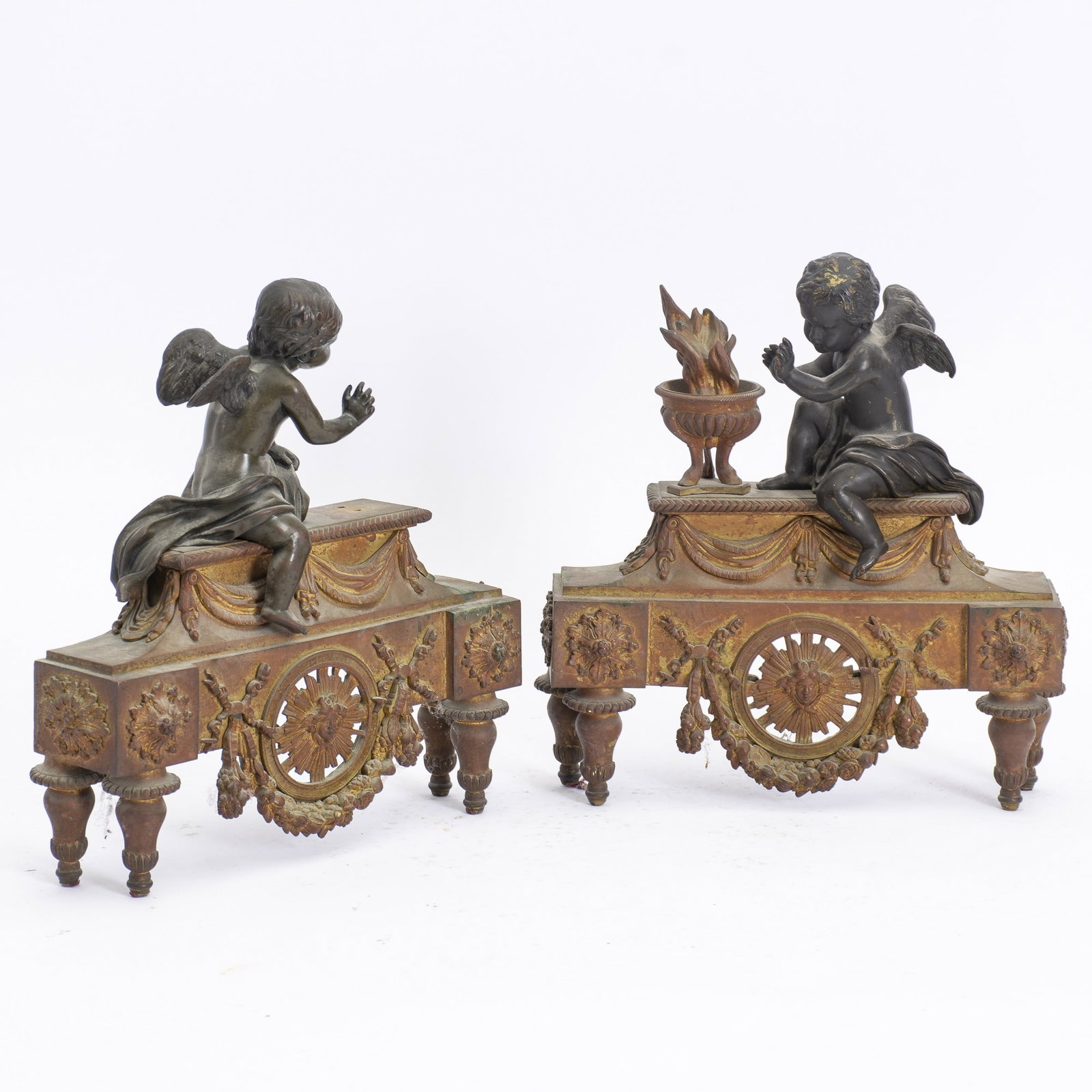 Pair Of Patinated Bronze Chenets: * (11 3/8" h x 14 3/8" w x 2 5/8" d) missing piece to one, missing stand