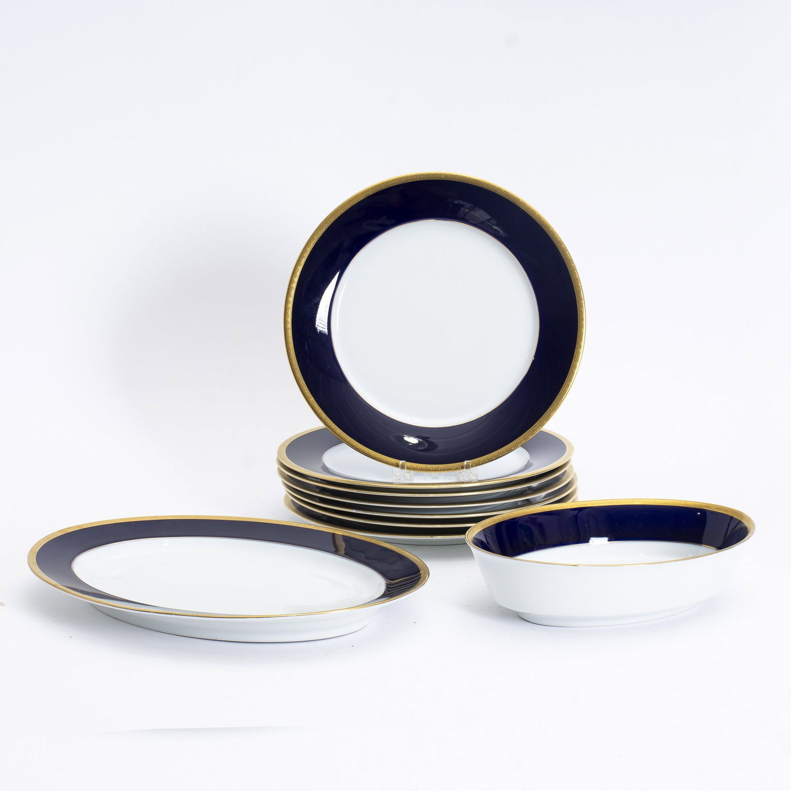Set of Seven Porcelain Gilt Rim Plates: Together with serving tray and bowl Valhalla * (plates10 1/2" dia ; Tray13 1/2" w x 10 1/2" d) Good