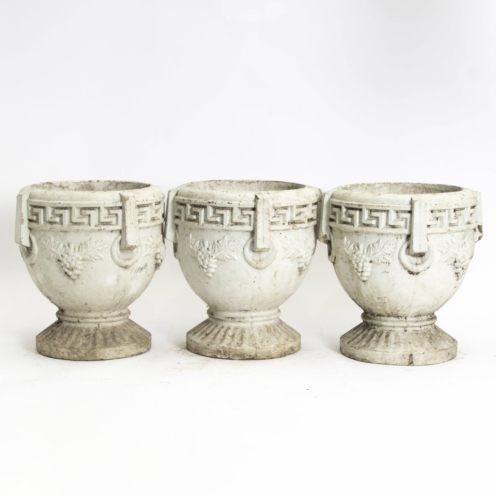 Three Painted Stone Urns: * (13 1/2" h x 12 3/4" dia) Cracks, overall wear