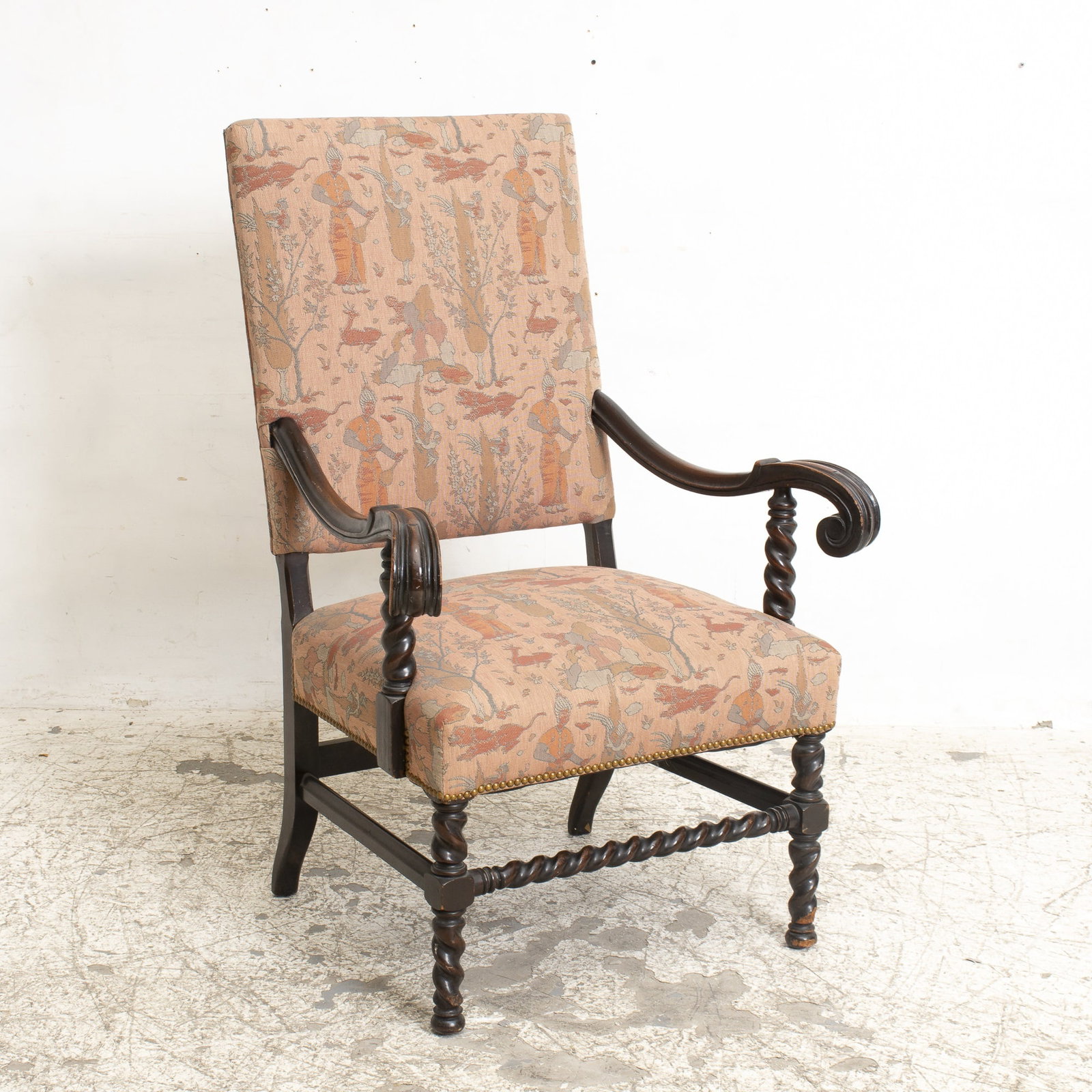 Baroque Style Mahogany Upholstered Armchair: * (46" h x 30" w x 22" d) scratches