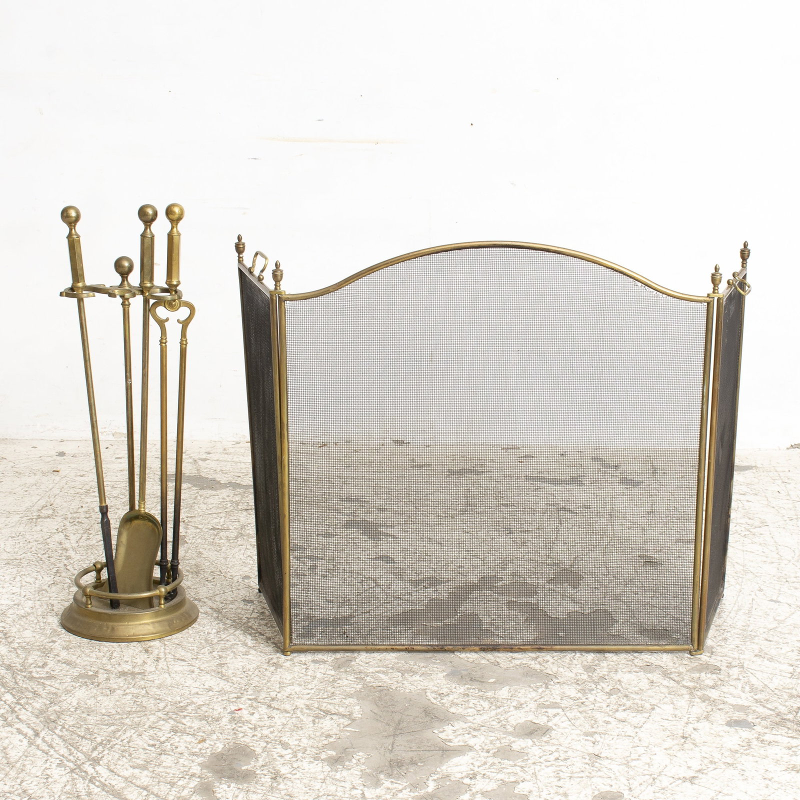 Group of Fireplace Equipment: Comprising fire screen, poker, shovel, tongs, tool stand * (Screen 20 1/8" h x 55" w x 13" d) AS IS