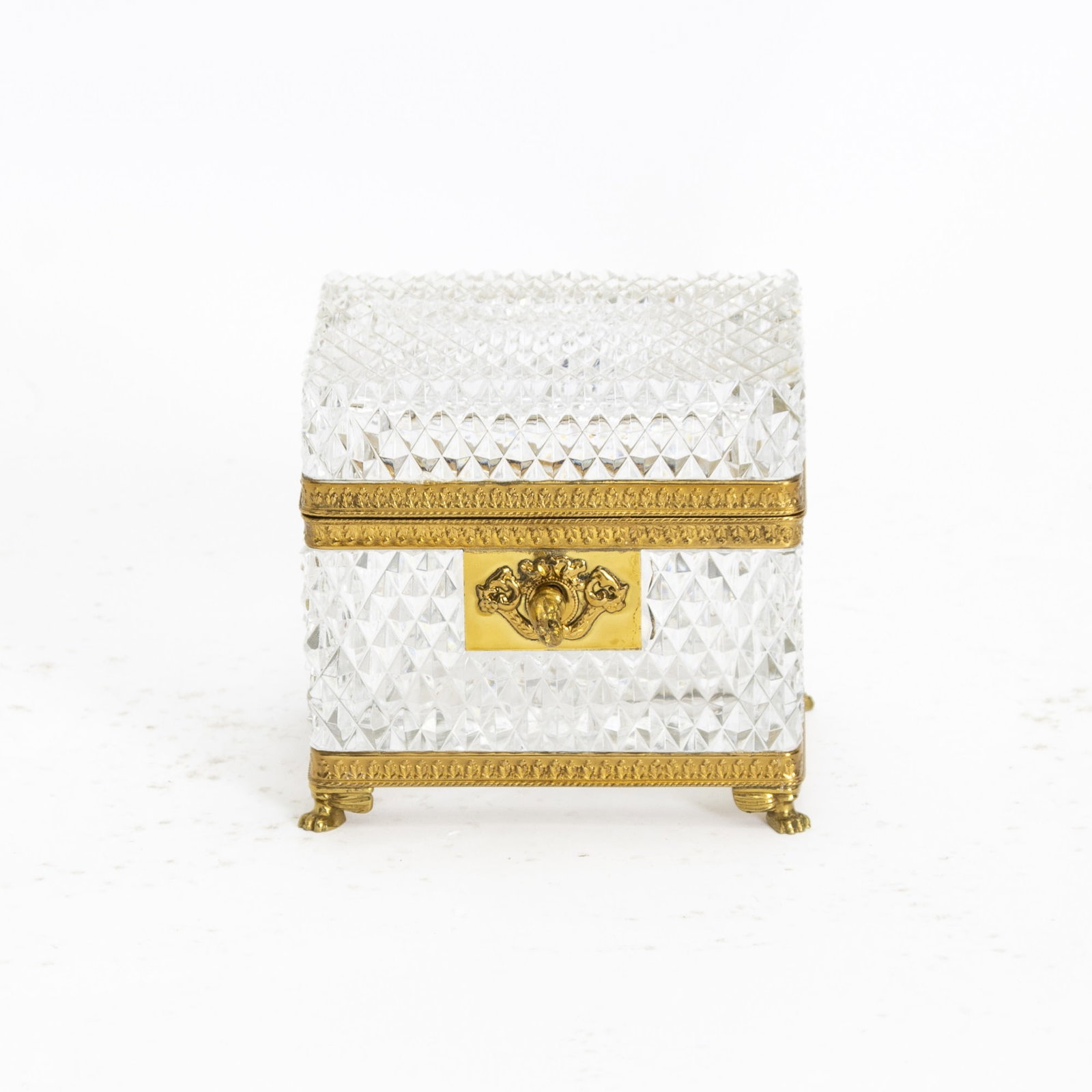 Cut Glass & Gilt Metal Jewelry Box: * (4" h x 4 1/4" w x 3 1/4") Lid and hardware need reattachment to bottom half