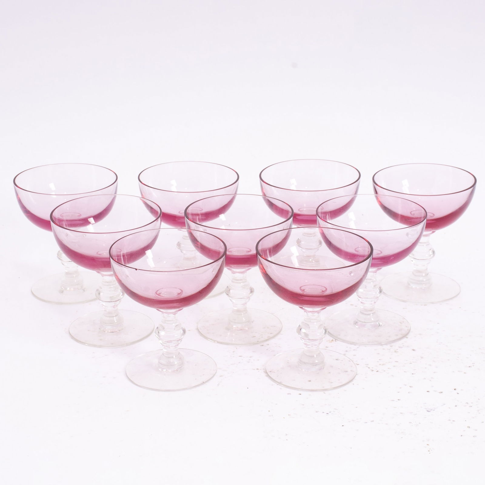 Set of Nine Pink Champagne Glasses: * (4" h x 4 5/8" dia) Good