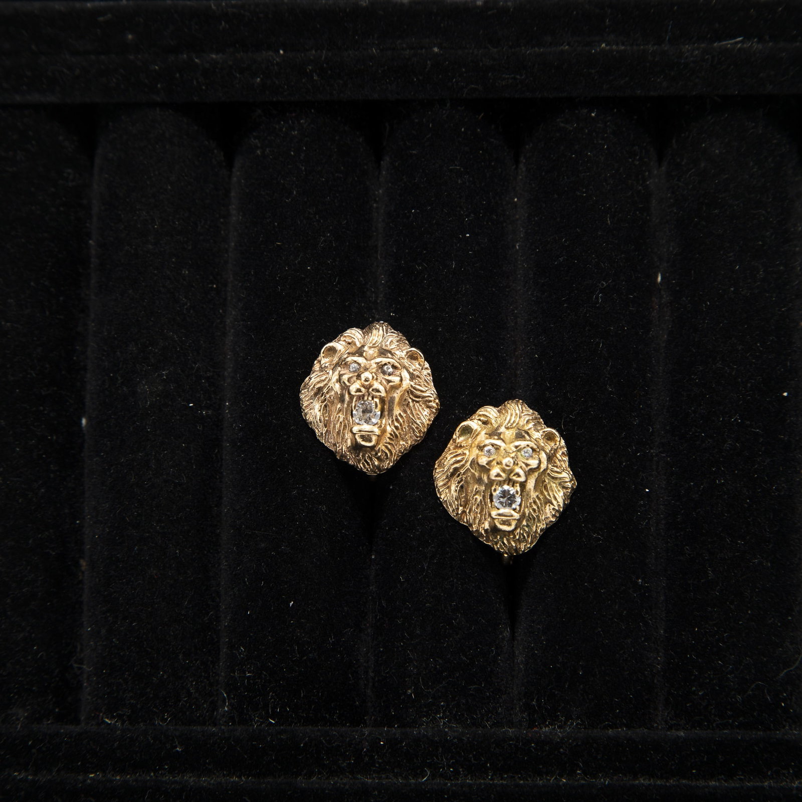 Pair Of 14KT Gold & Diamond Lion Head Earrings (1 of 4)