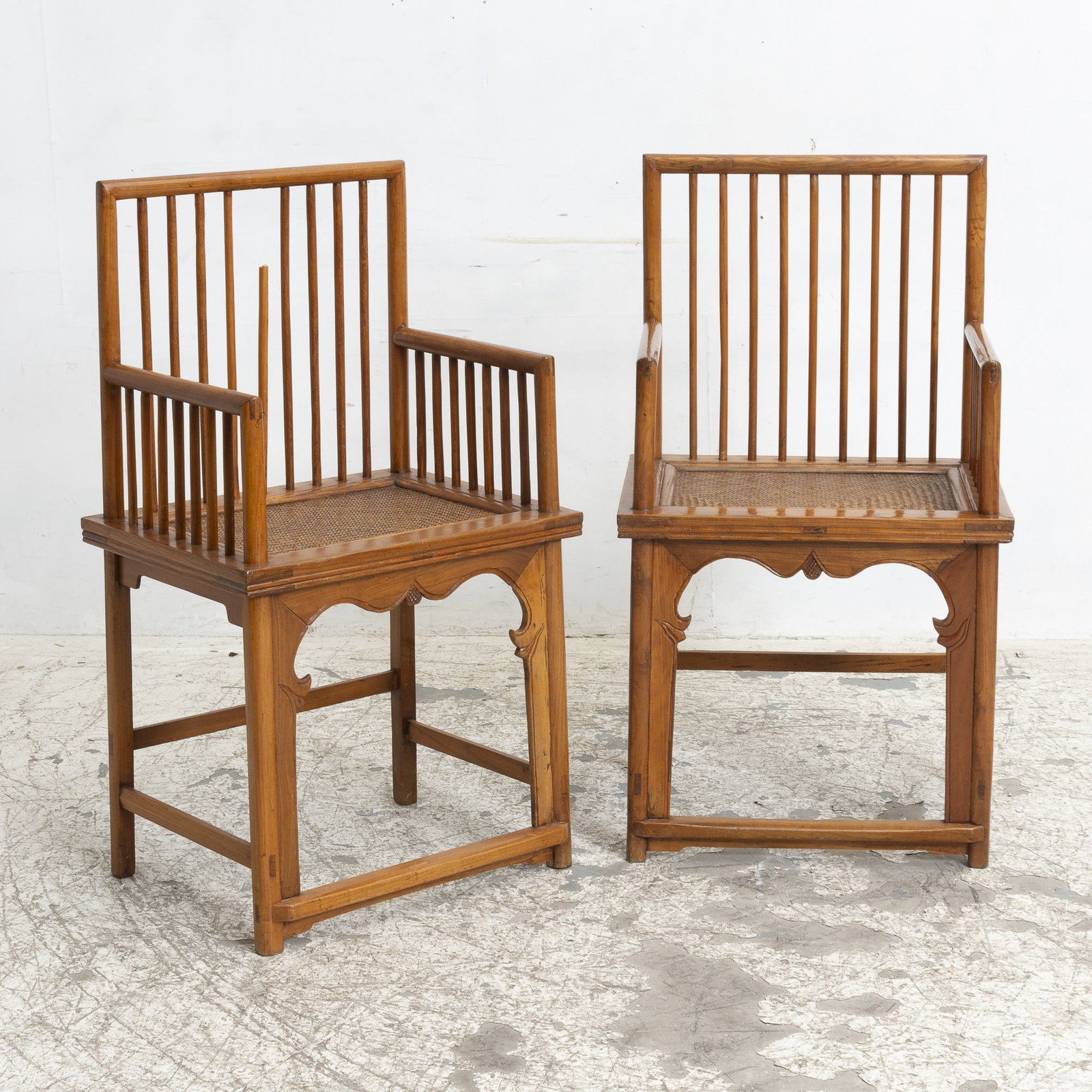 Pair of Chinese Caned Seat Chairs: * (40" h x 22 1/2" w x 17 1/2" d) Old repair to one