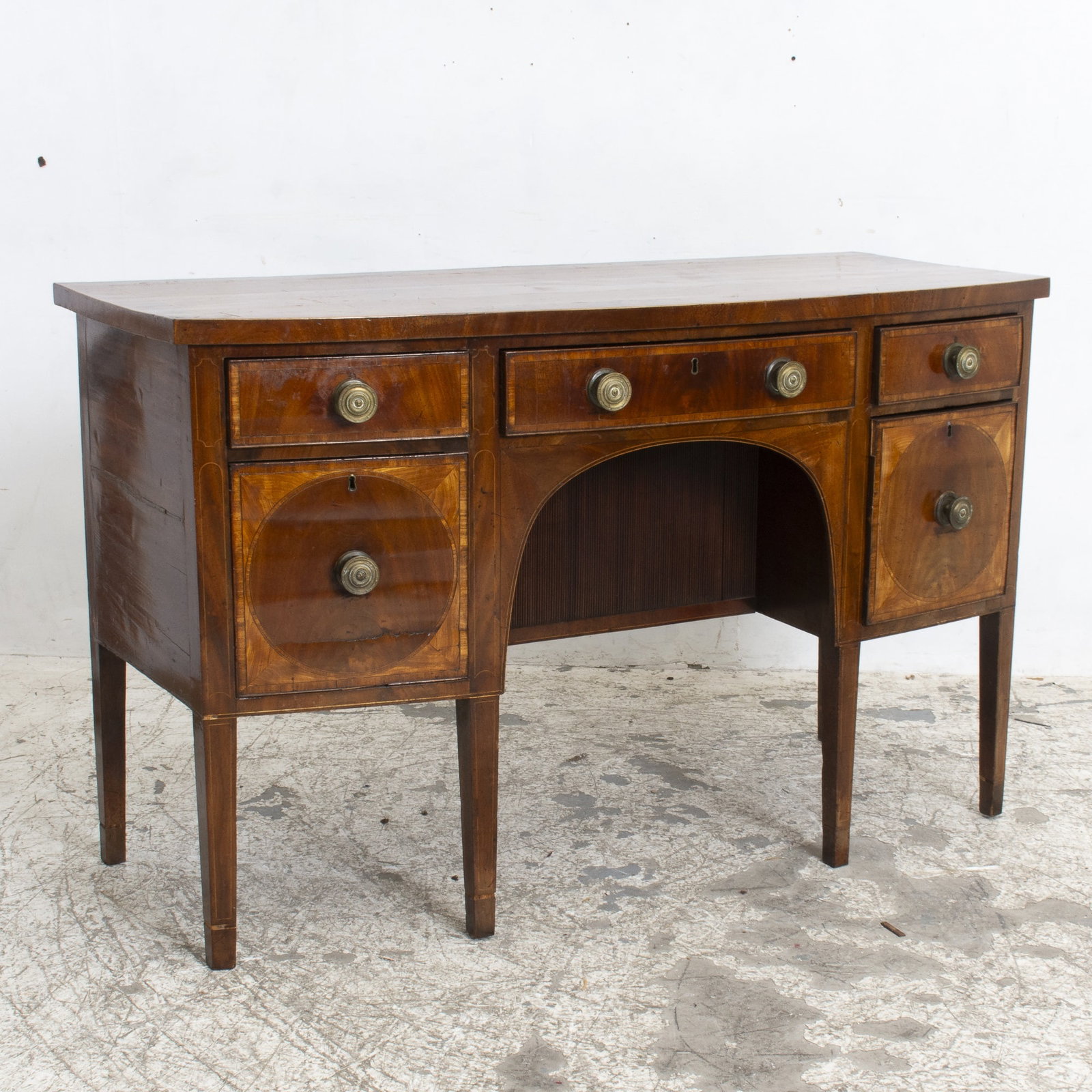 Mahogany Inlaid Sideboard: * (35 1/2" h x 57" w x 25" d) warping, crackling, scratches