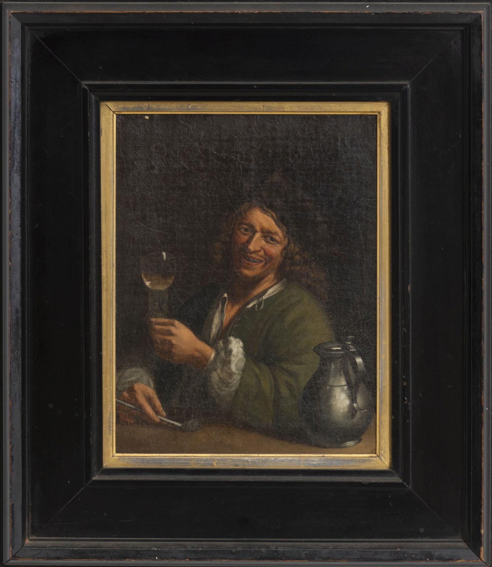 Continental School: Man in Tavern Oil on board16 1/2" x 14 1/2" * (Sight 10 1/4" h x 8" w Overall) Wear to frame, scratches