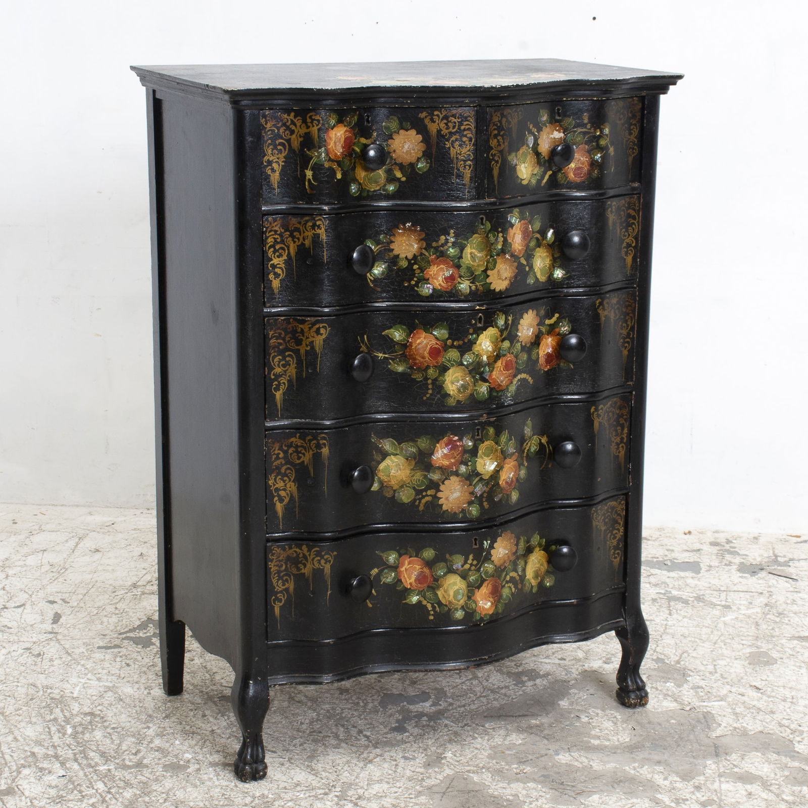 Serpentine Style Mother-of-Pearl Inlaid Chest of Drawers: Black painted * (47" h x 34" w x 20" d) Loss to finish
