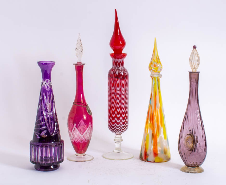 Group of Fve Colored Glass Decanters (1 of 7)