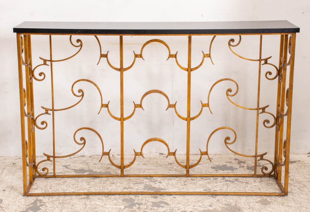 Painted Metal Console with Black Veneer Top: * (38 1/2" h x 61" w x 14 1/2" d) Scratches to top
