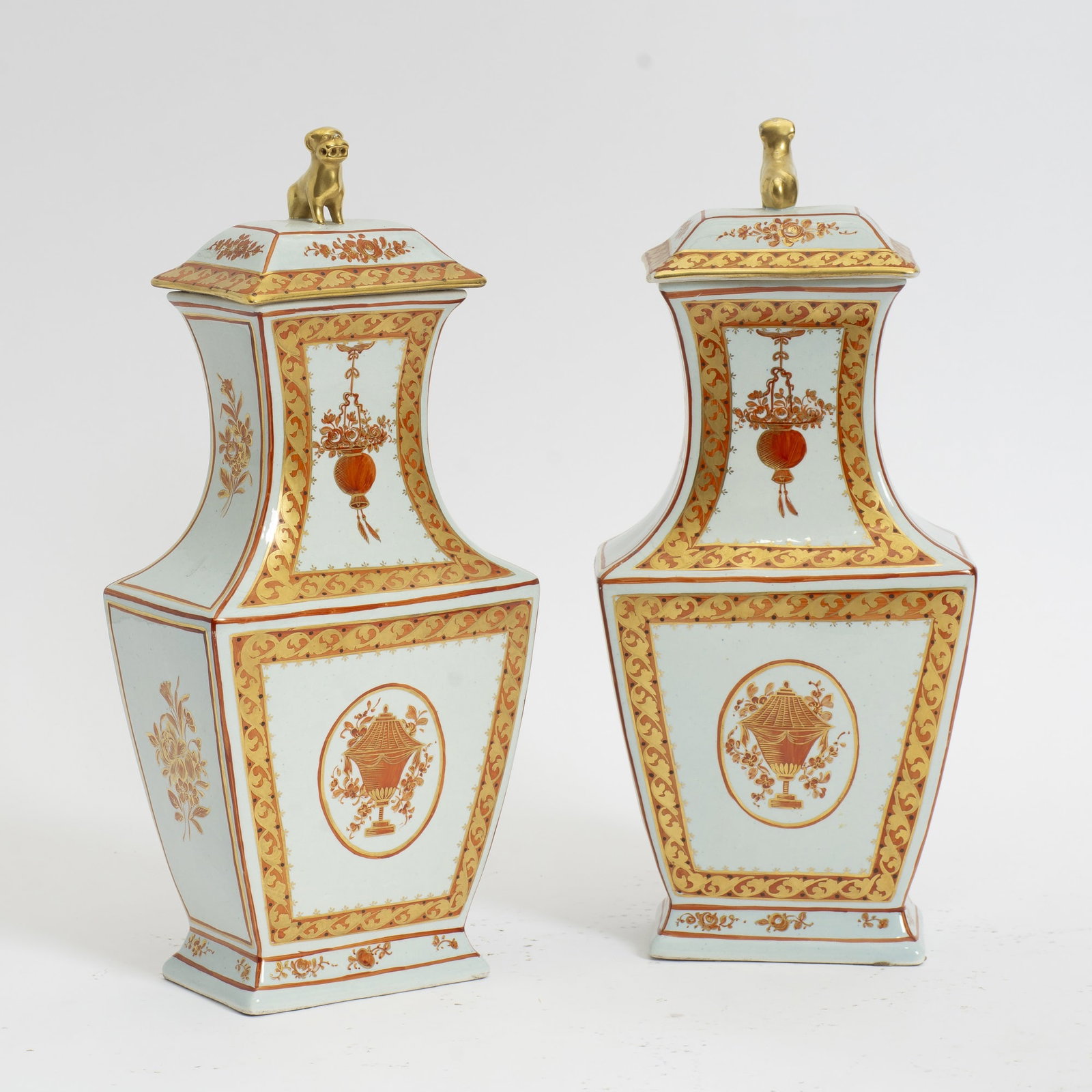 Pair of Mottahedeh Porcelain Lidded Vases: * (15" h) light wear to finish