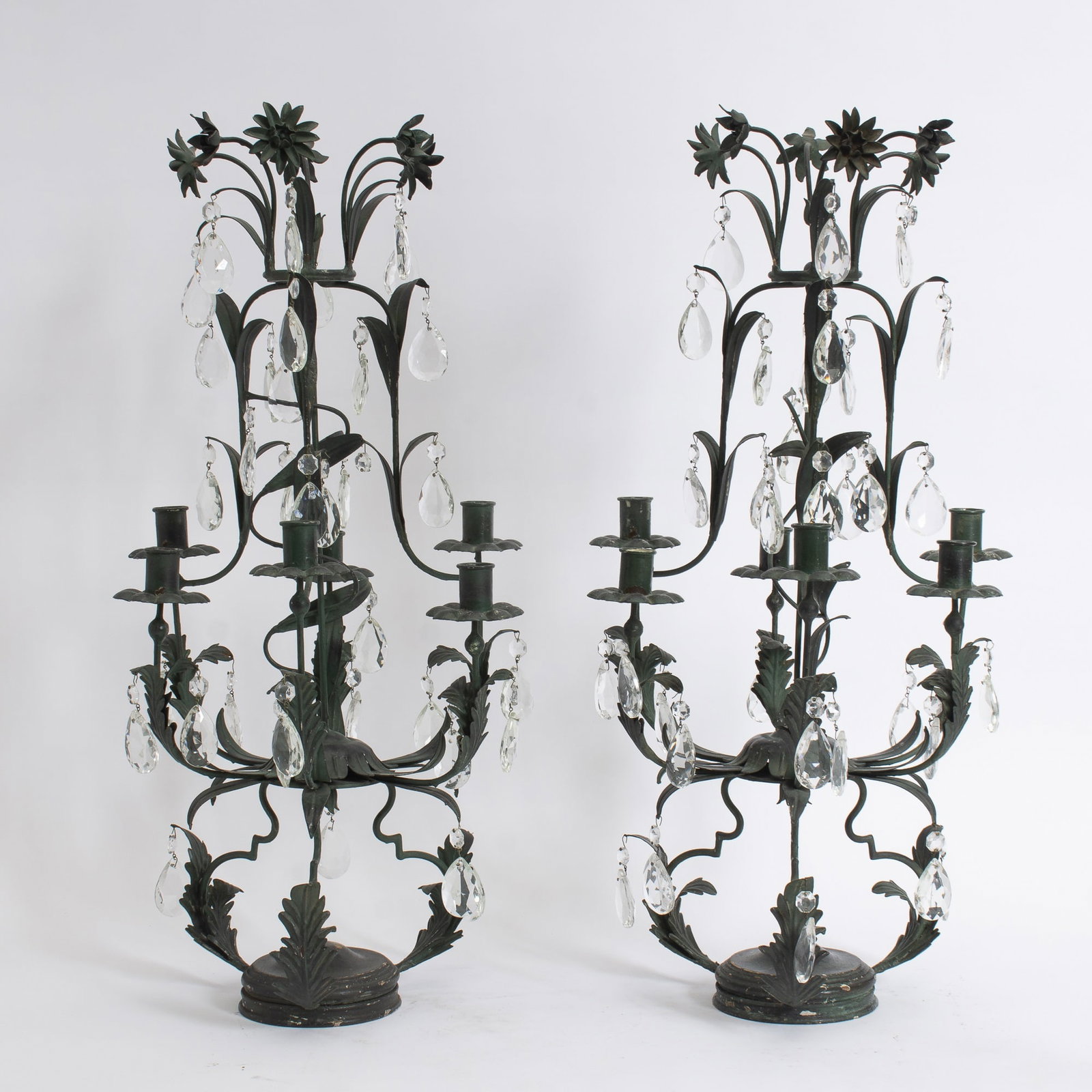 Pair of Painted Metal and Glass Six-Light Candelabra: 20th Century * (28" h x 15" dia) Some loss to paint