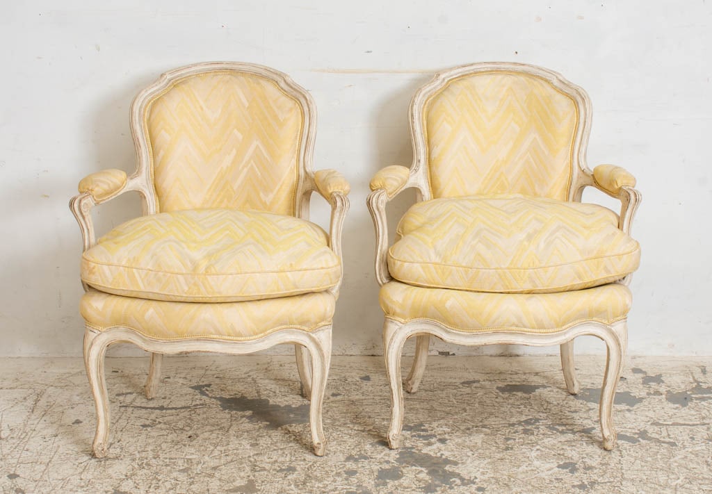 Pair of Louis XV Style White Painted Fauteuils: * (32" h x 23 1/2" w x 18" d) Qty: (2) Loss to paint