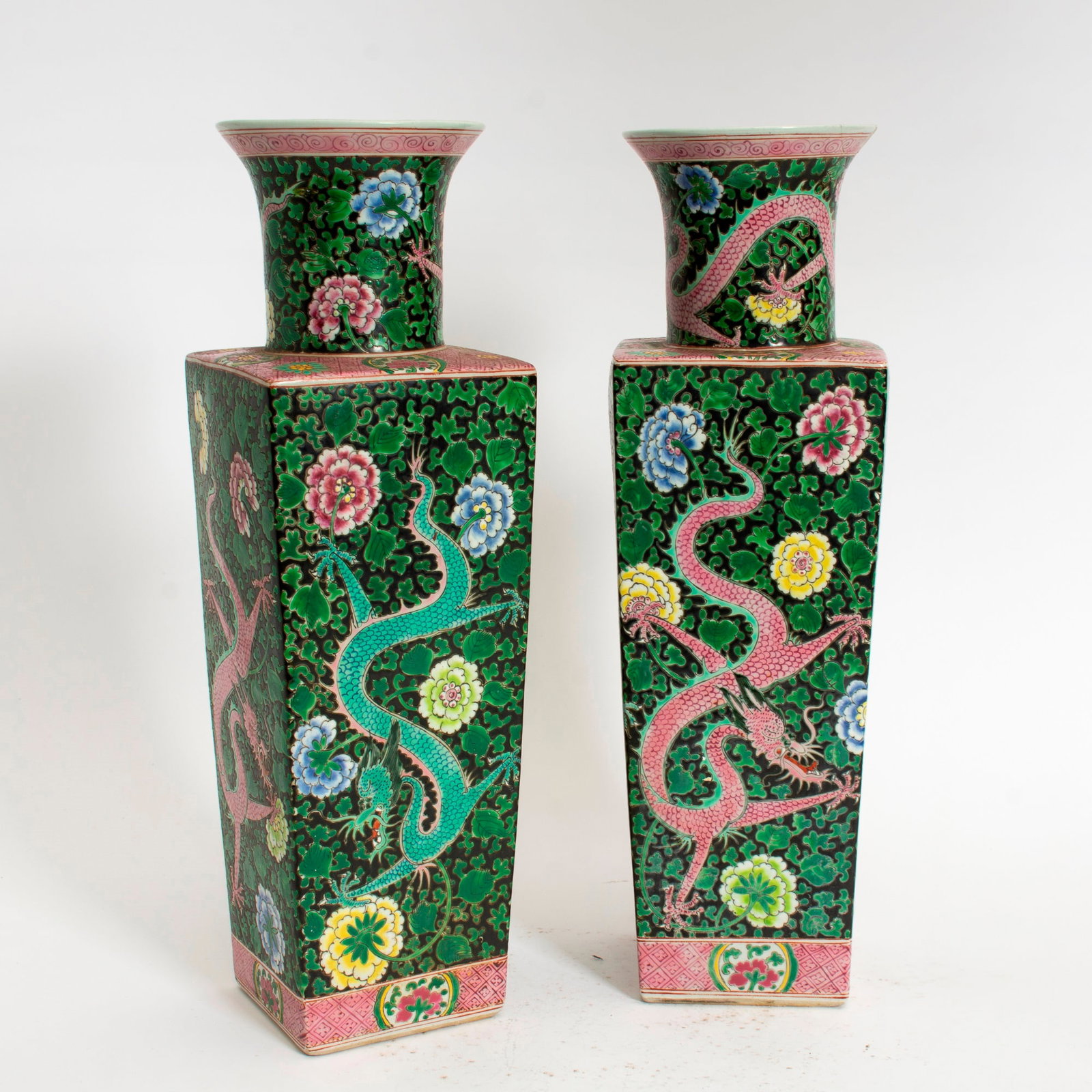 Pair of Chinese Famille Noire Porcelain Vases: * (20" h) Qty: (2) Chip to rim and old repair on one
