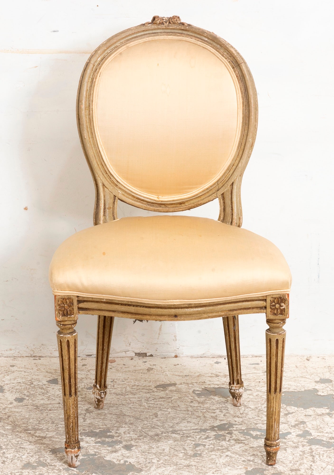 French Oval-Back Chair: * (35" h x 20" w x 17 1/2" d Seat to floor 17 1/2" h) Stains, loss to paint, scratches, chips