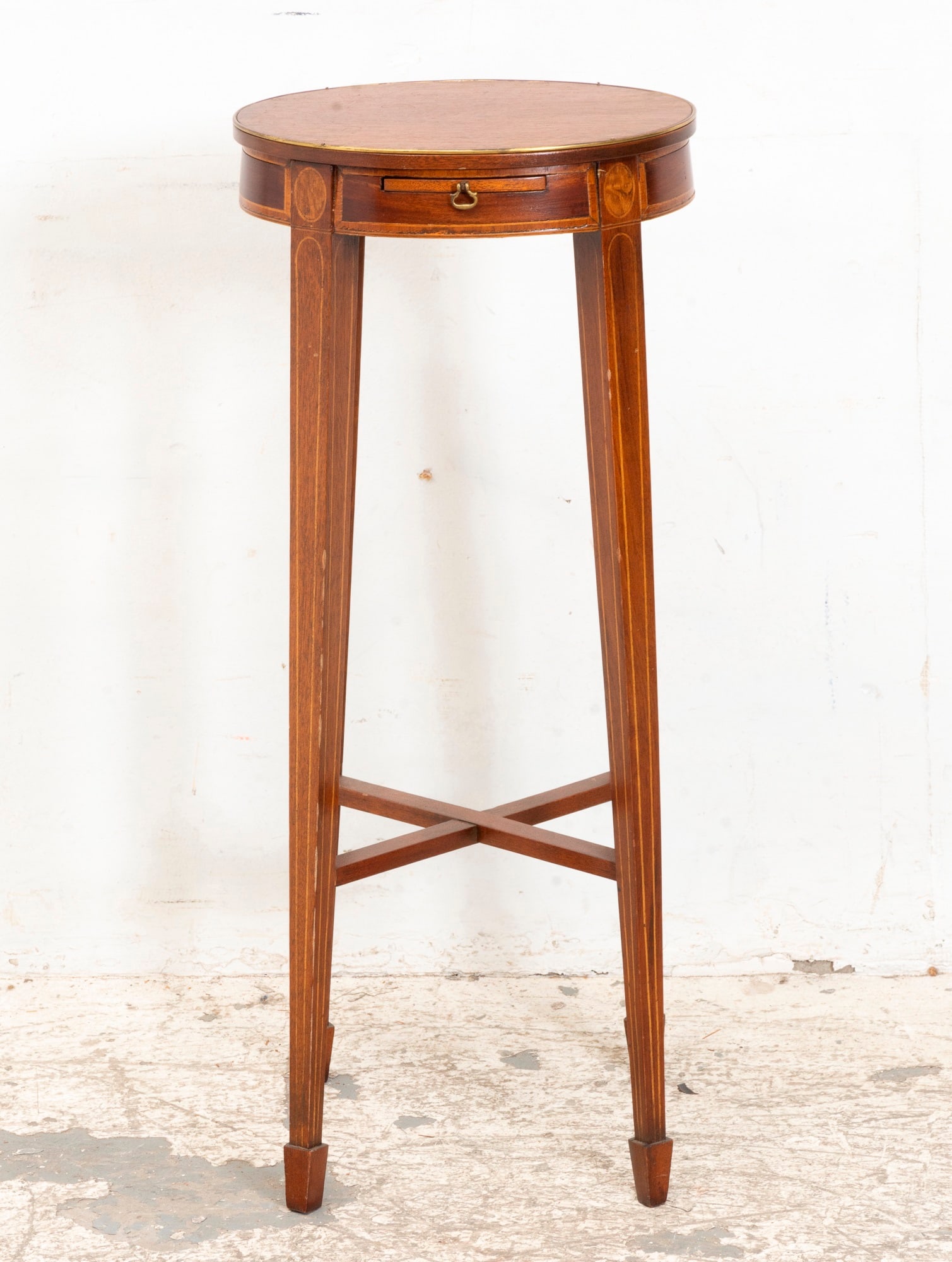 George III Style Inlaid Mahogany Kettle Stand: Stamped Smithsonian under top. (28 1/4" h x 11 3/4" w x 9" d) Scratches