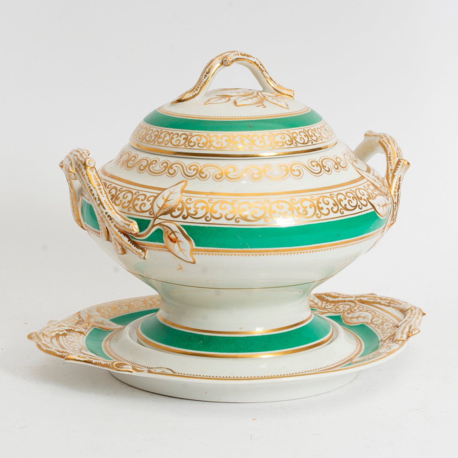 English Porcelain Soup Turren and Tray: * (Tureen 10 1/2" h) minor rubbing to finish