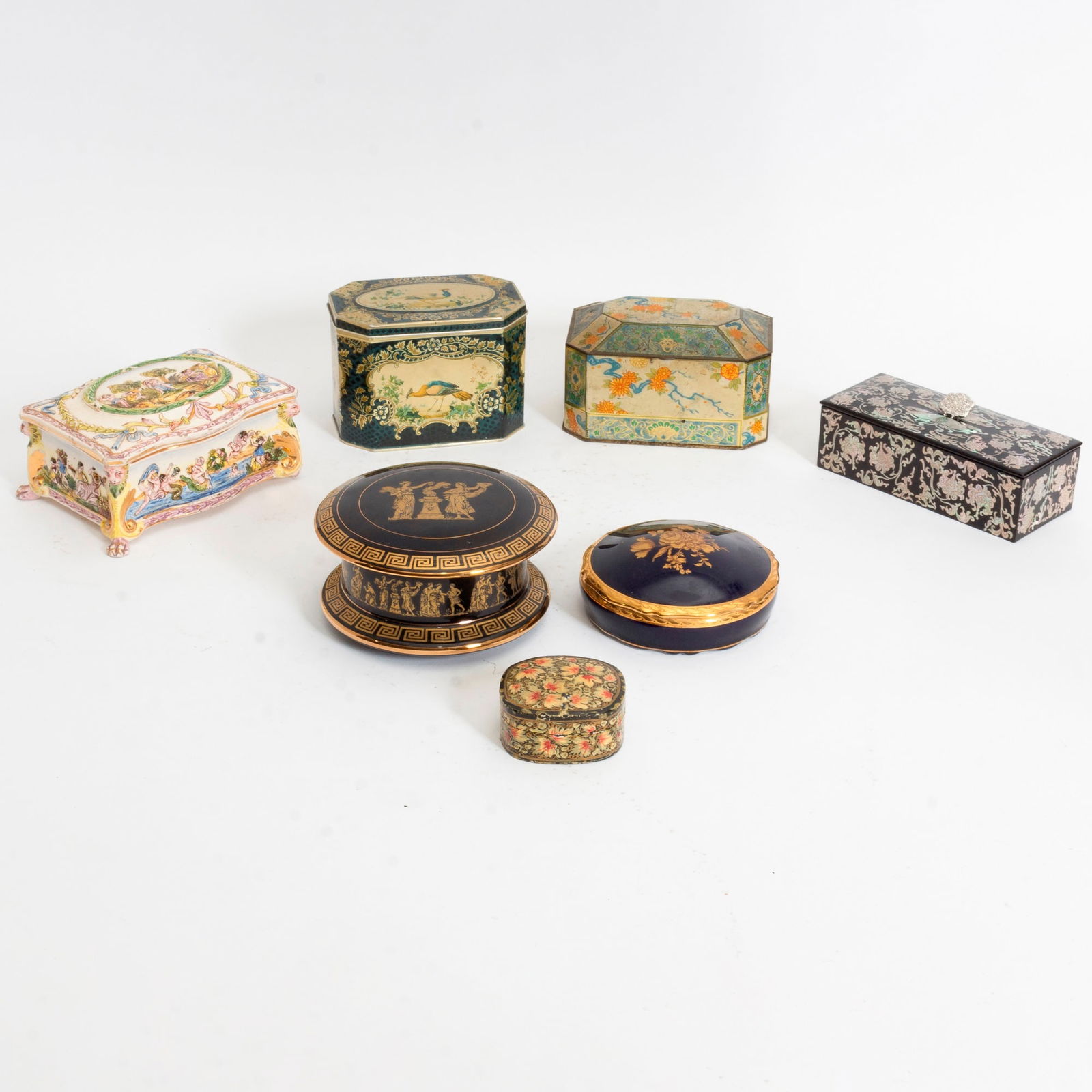 Group of Decorative Boxes: Including tin, and porcelain examples Approx 7 * (Largest 3" h x 7" w x 5" d) Good