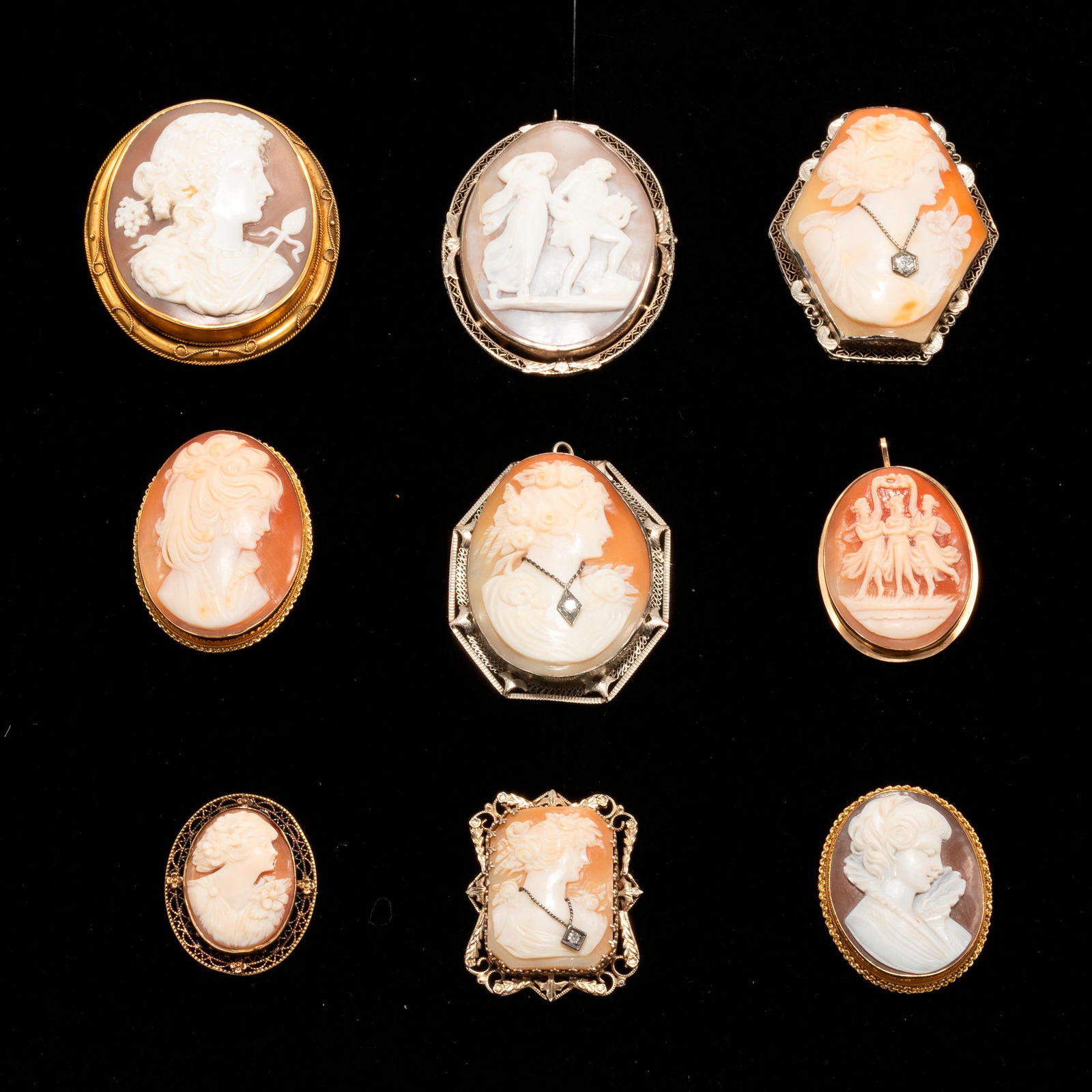 Group of Nine Gold Framed Cameo Brooches (1 of 11)