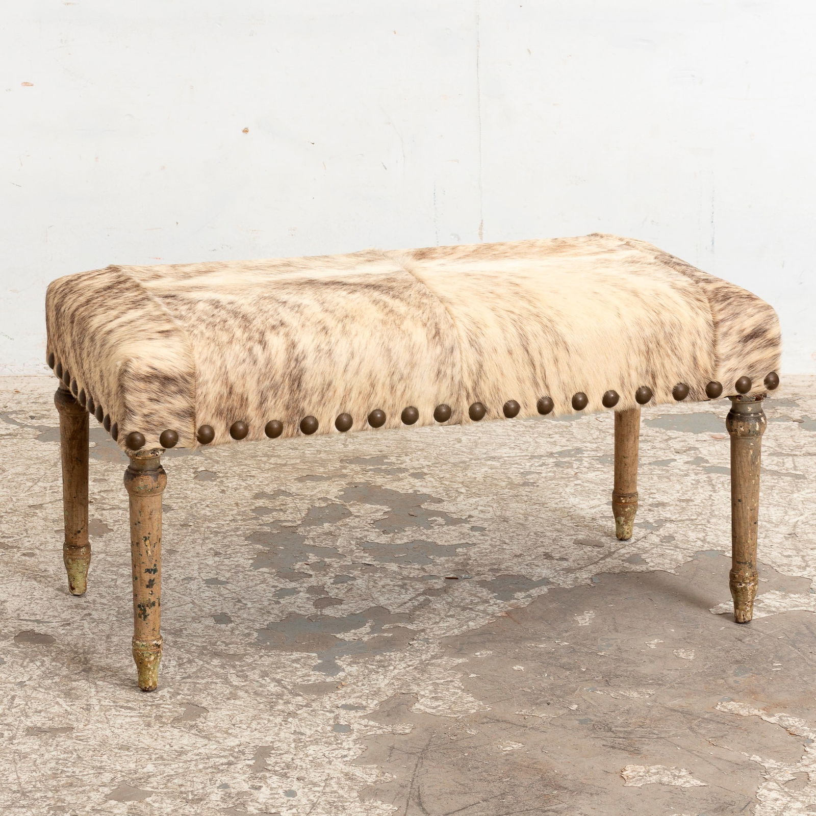 Animal Hide Upholstered Painted Wood Bench (1 of 6)