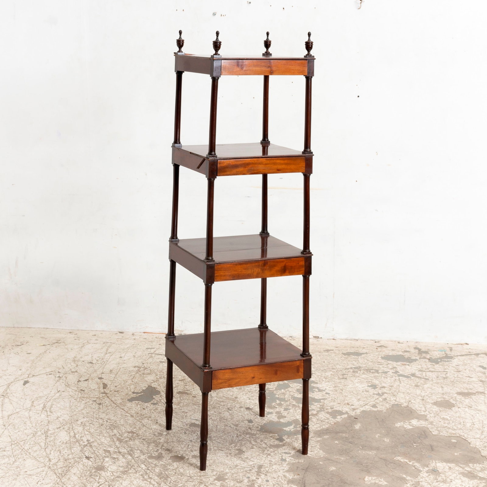 English Mahogany Étagère: With drawers, 19th Century * (61" h x 17" square) Cracking through shelves.