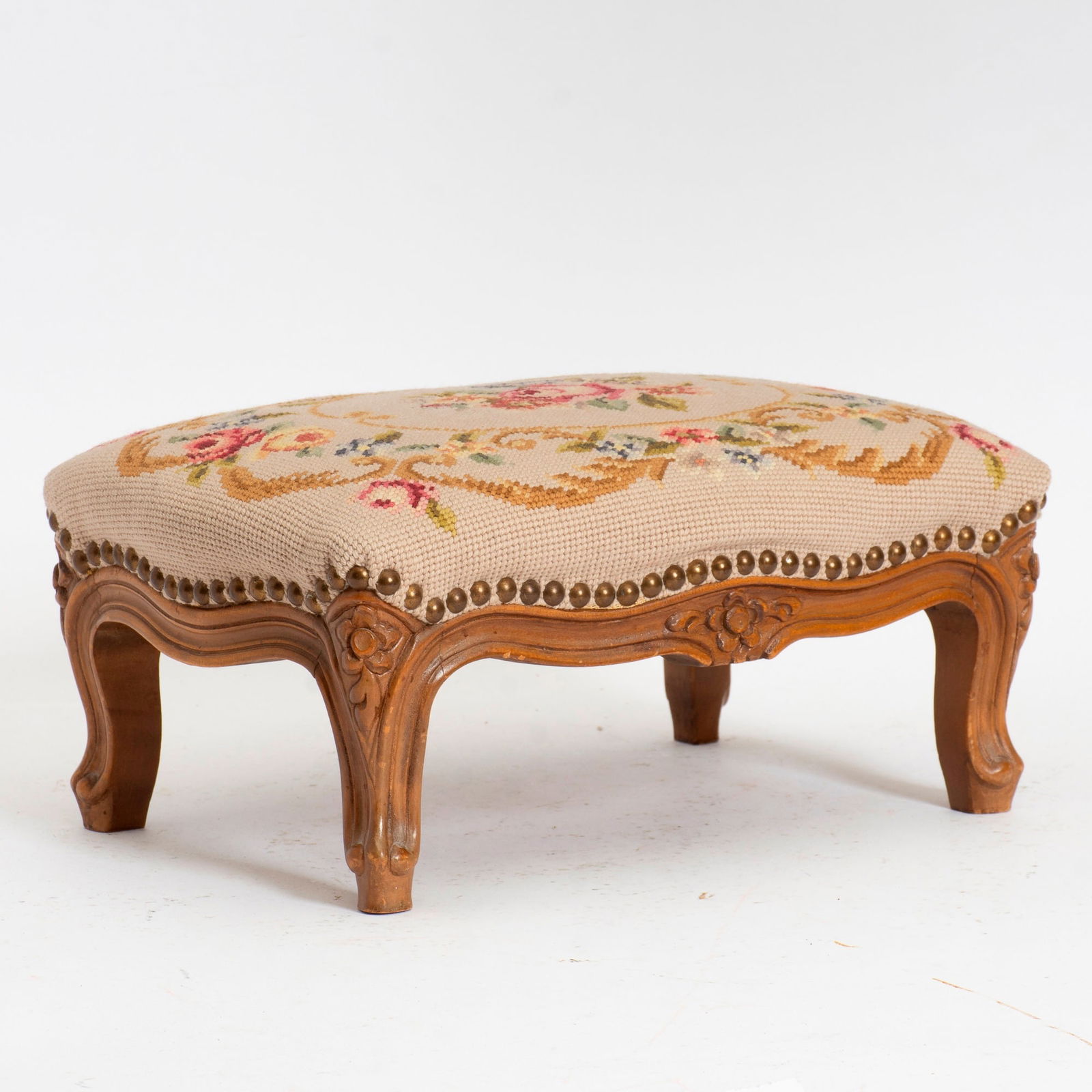 Louis XV Style Beechwood Needlepoint Upholstered Footstool (1 of 4)
