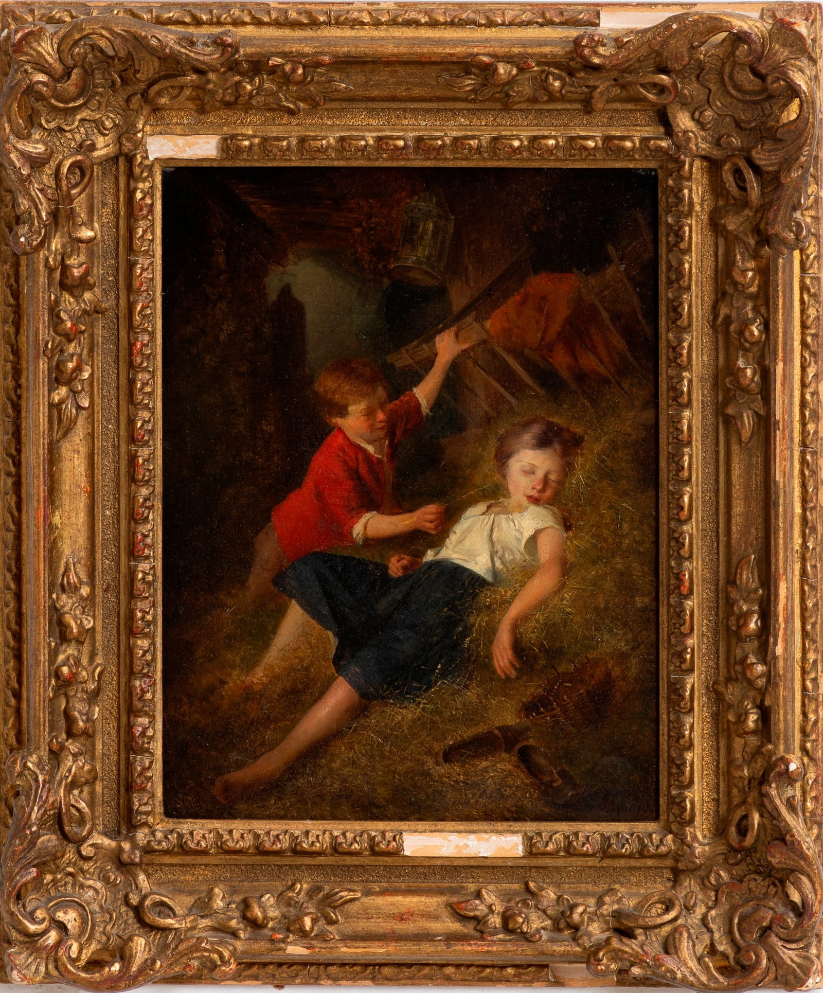 19th Century School: Oil on board * (Sight 9 1/2" h x 7 1/8" w Overall 14 1/8" x 12") Chips to frame