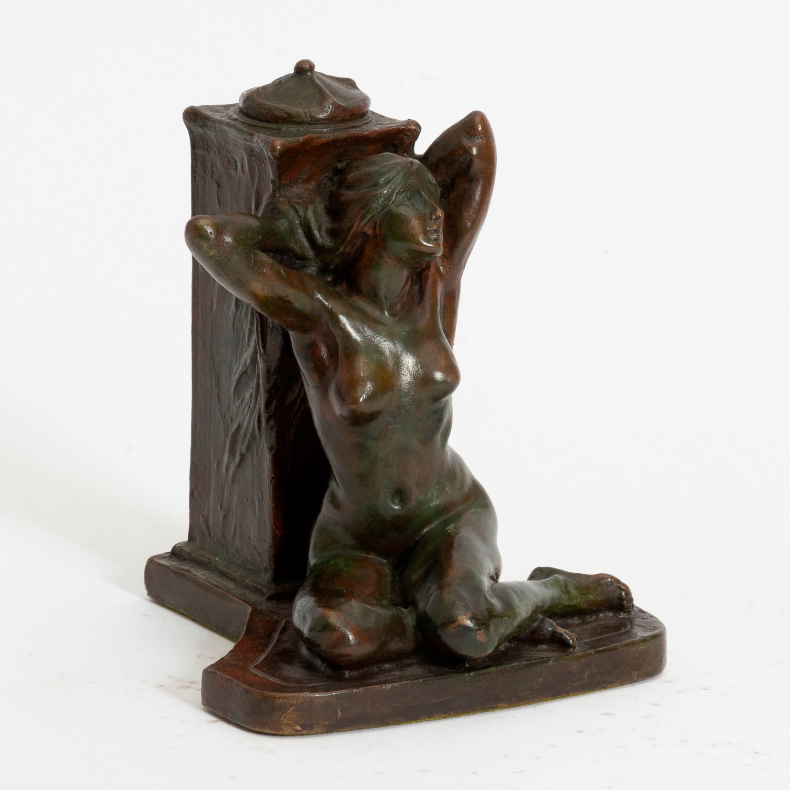 American Art Nouveau Bronze Figural Desk Ornament: Cast from a model by Leo F. Nock, circa 1900 Inscribed L.F. Nock, Sc. * (5 1/2" h) Good
