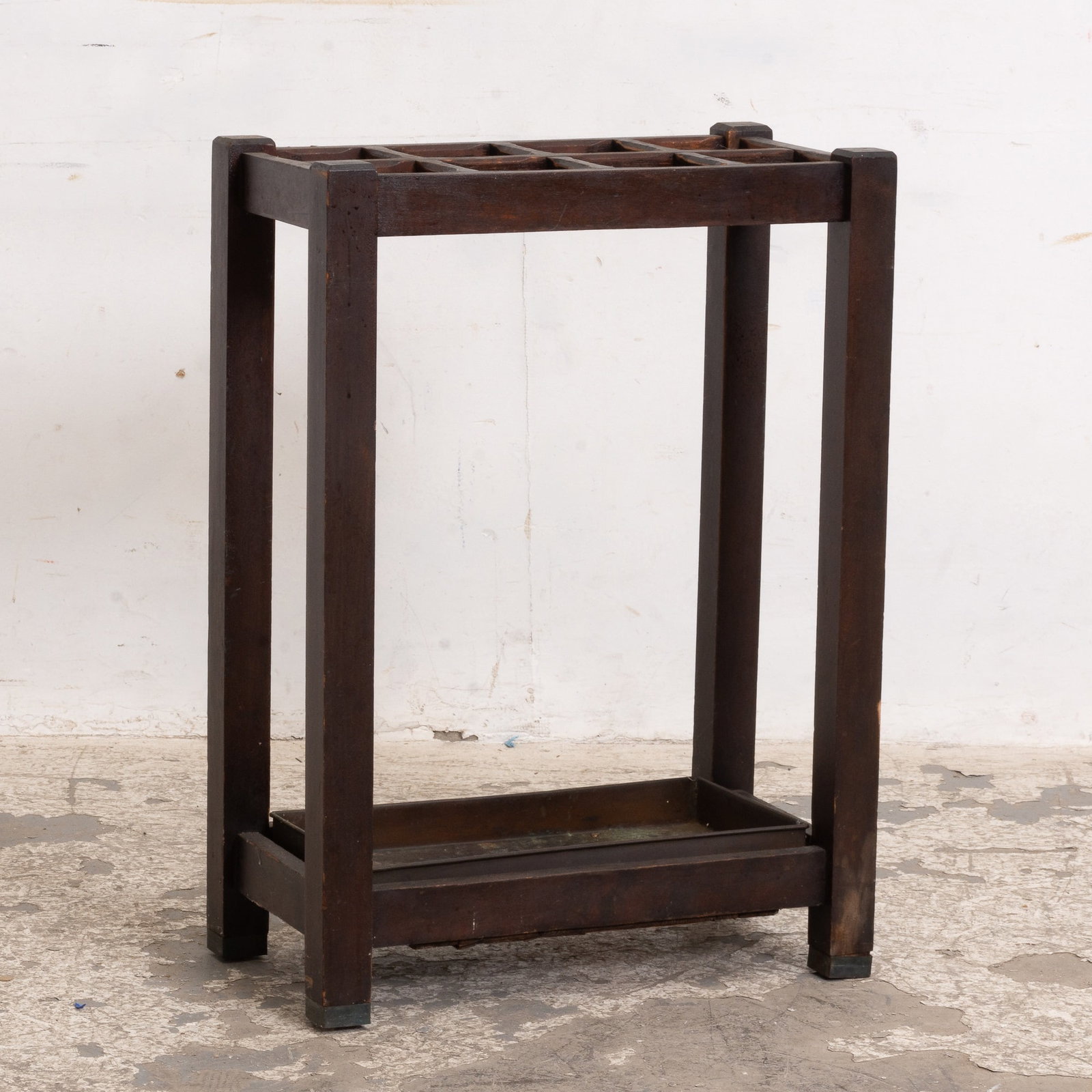Stained Oak and Copper Umbrella Stand: Early 20th century 28" h x 20" w x 11 1/4" d
