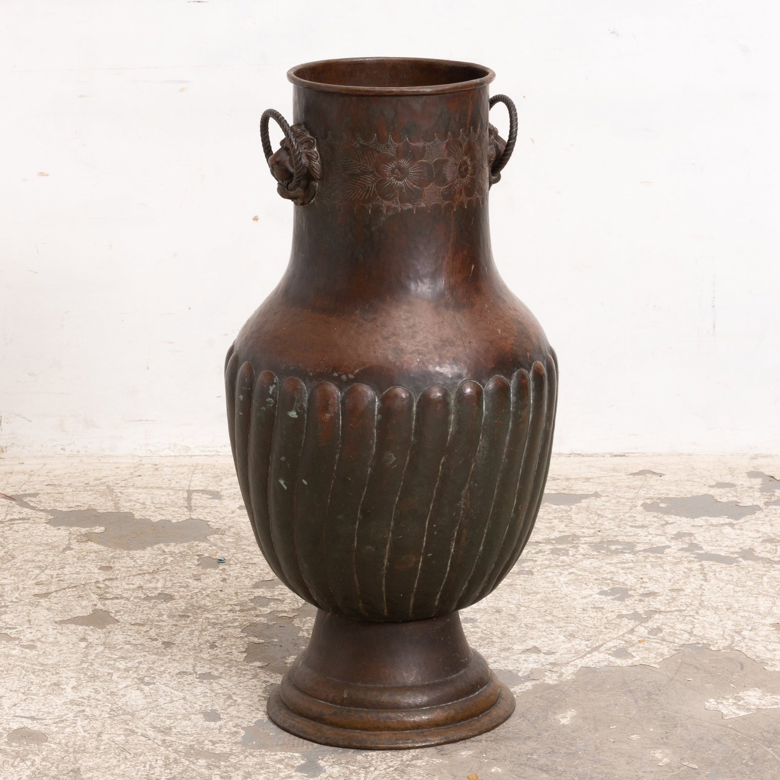 Patinated Metal Floor Vase: 31" h