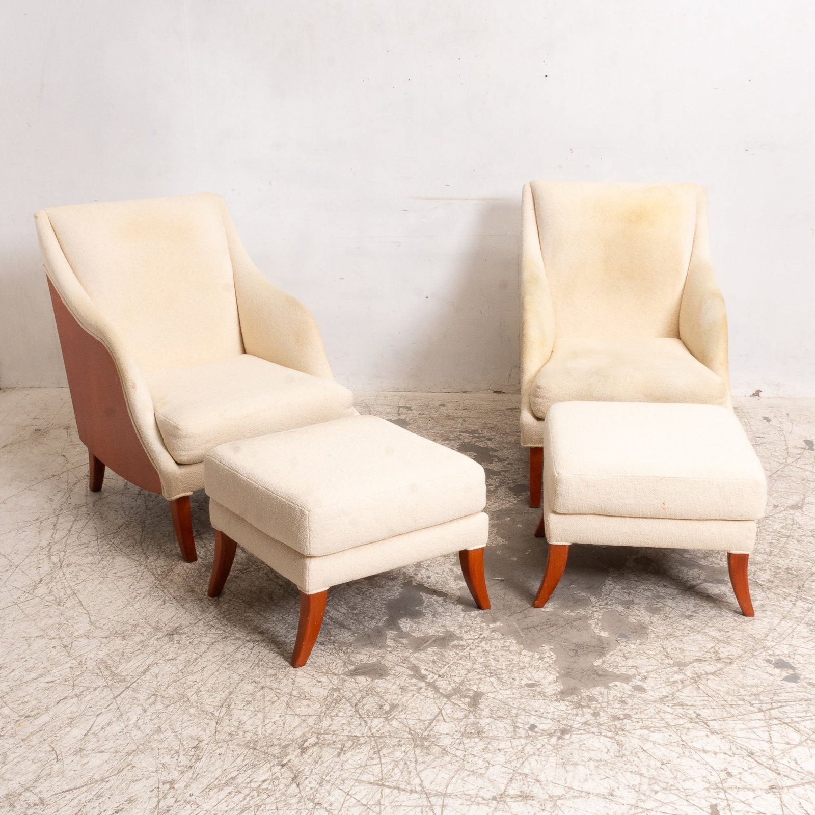 Pair of Upholstered Fruitwood Armchairs: Together with a matching pair of ottomans 34" h x 25" w x 25" d Seat to floor 16"