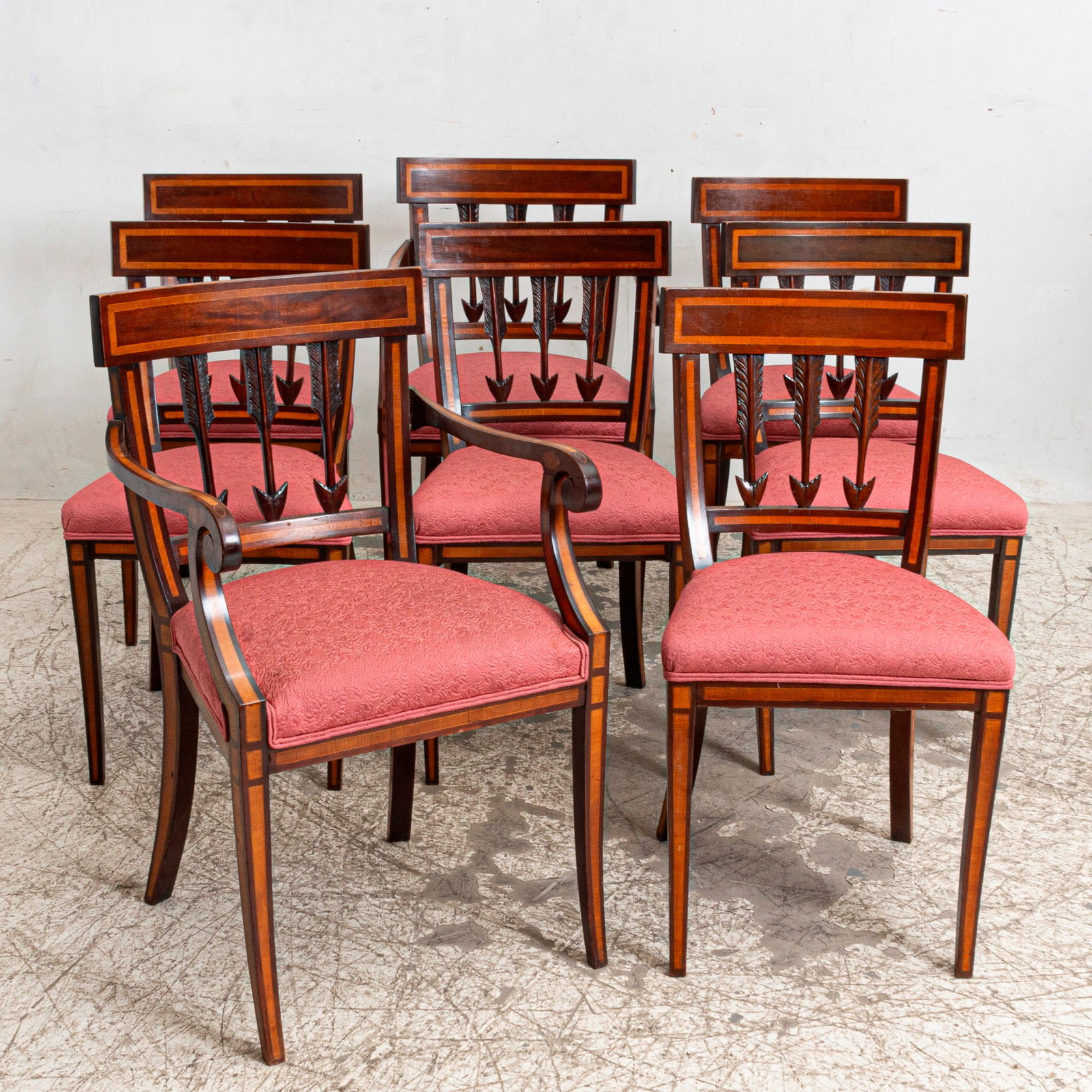 Set of Eight Inlaid Dining Chairs: Armchairs 35 1/2" h x 21 1/2" w x 21" d Seat to floor 20" h
