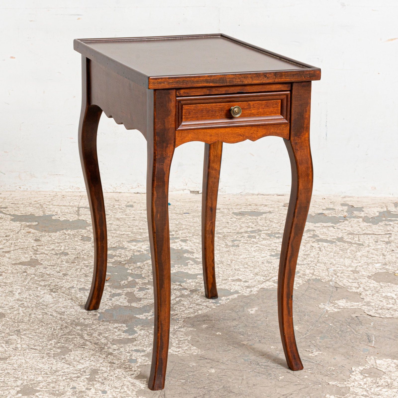 Stained Wood Faux Marquetry Top Side Table: With one drawer 27 18/2" h x 22 14" w x 15 1/2" d