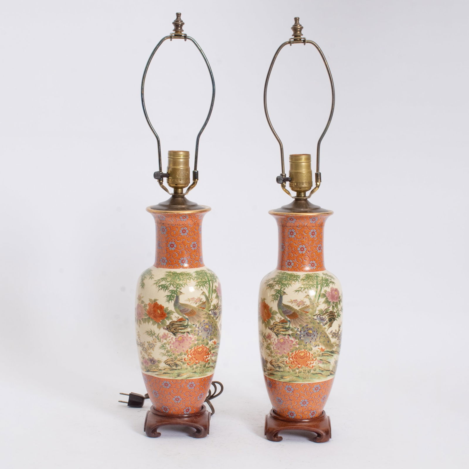 Pair of Japanese Satsuma Style Porcelain Vases: Mounted as lamps Vase 13" h Overall 24" h