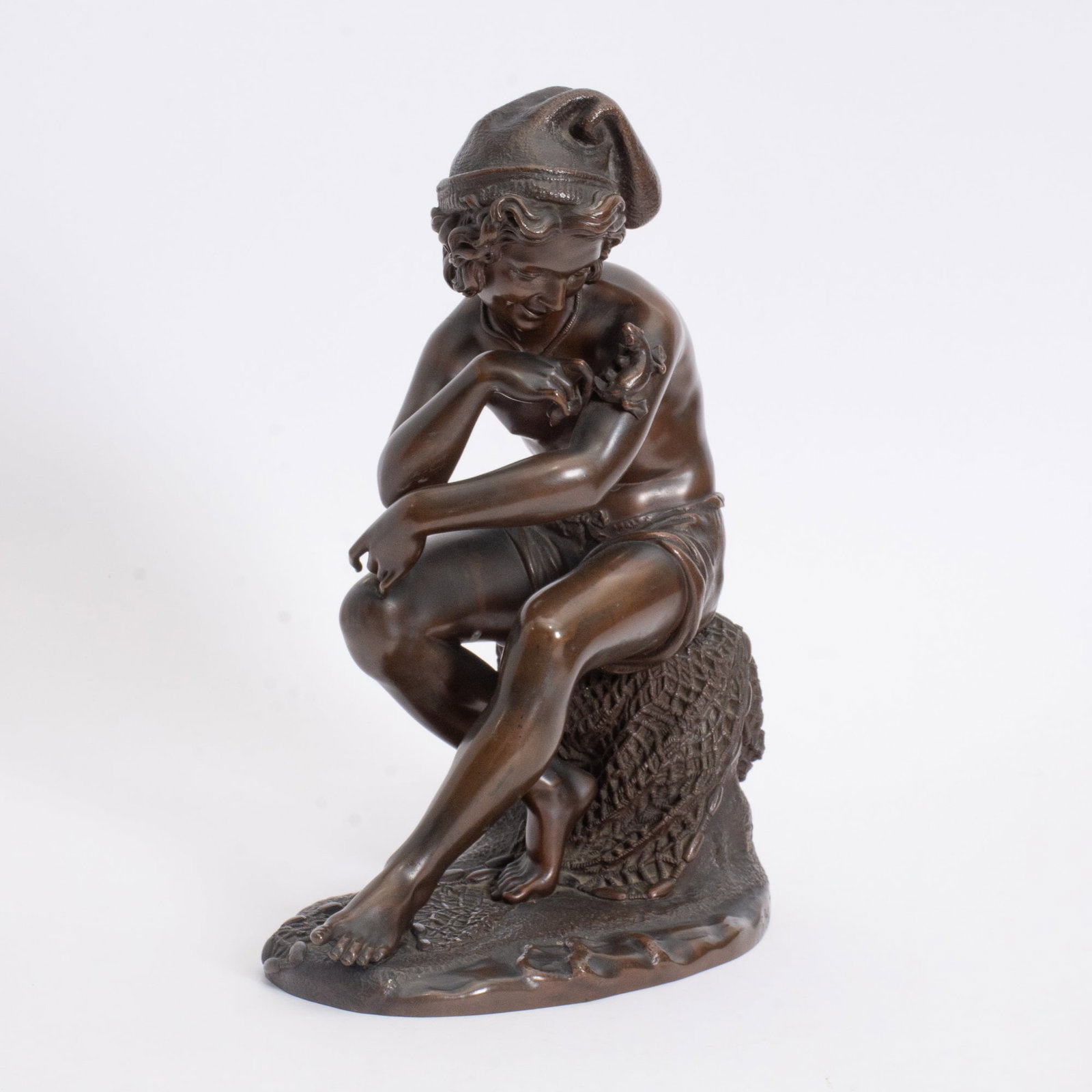 French Patinated Bronze Figure of a Neapolitan Fisher Boy: After Emile Thomas 14" h