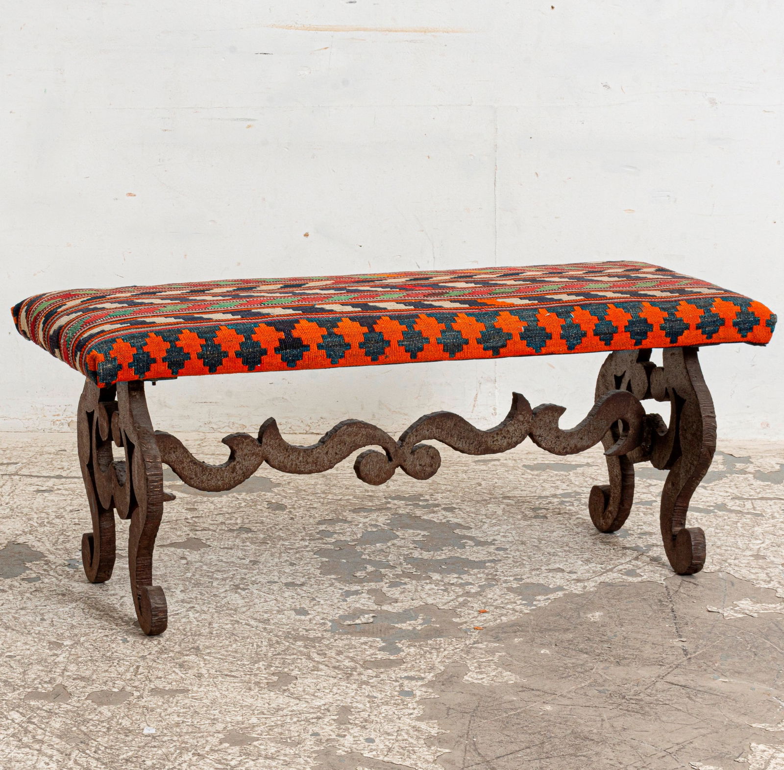 Wrought Iron Needlepoint Upholstered Bench (1 of 5)