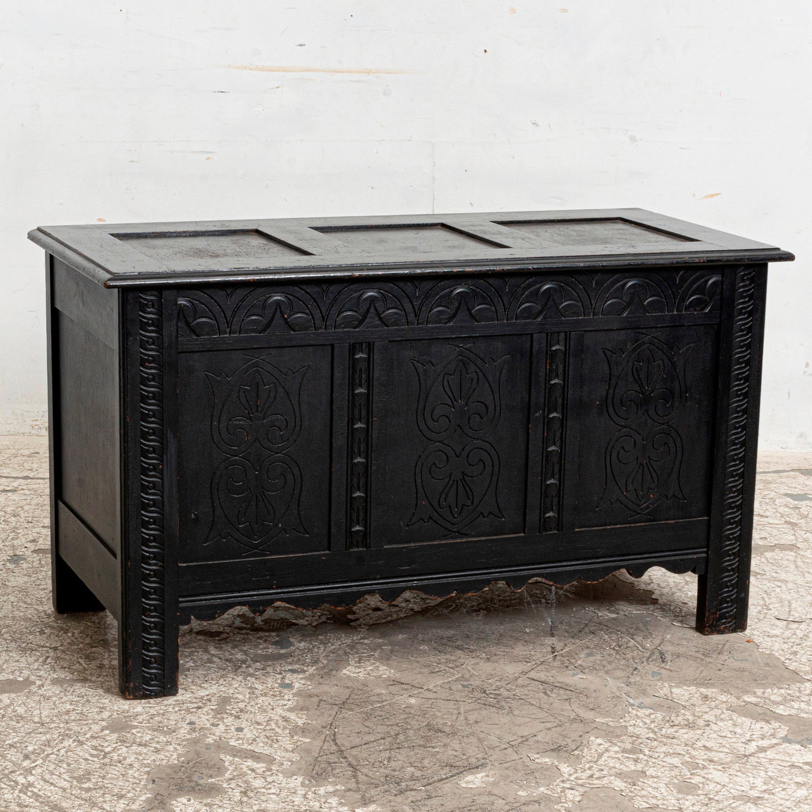 Black Painted Carved Chest: 24" h x 42" w x 19" d