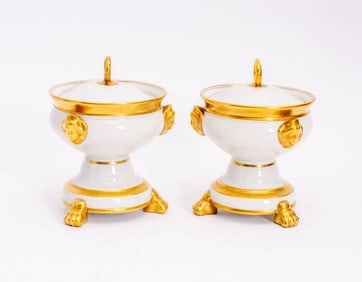 Pair of French Gilt-Decorated Porcelain Covered Pedestal Bowls