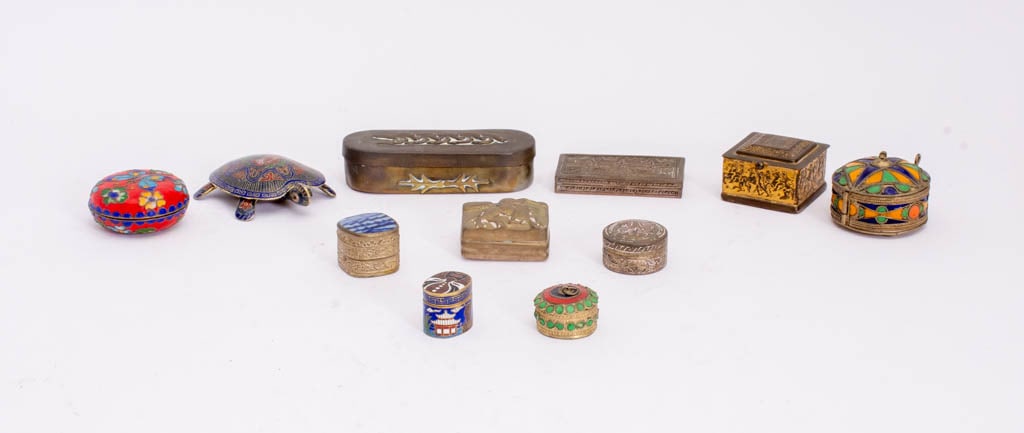 Group of Enamel and Brass Pill Boxes: Approx. 11 boxes * (Largest 1 1/2" h x 5" w x 2" d) AS IS