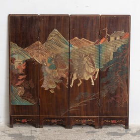 Japanese Painted Wood Four-Panel Screen