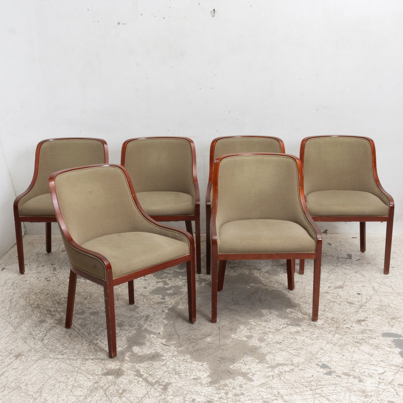 Set of Six Ward Bennett Cherrywood Upholstered Dining Chairs: Ward Bennett for Brickel * (33" h x 22 7/8" w x 19 3/8" d Seat to floor 17") Light scratches