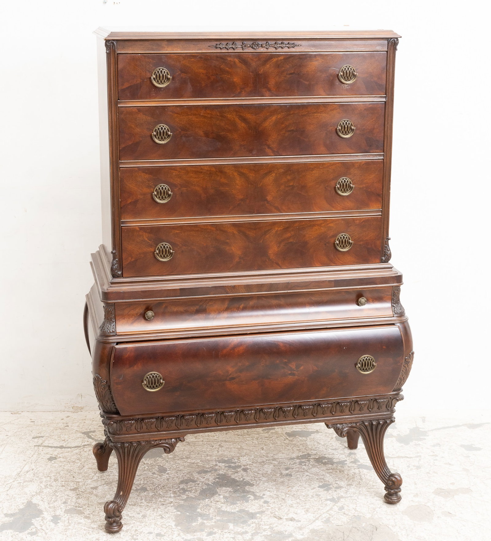 Continental Style Mahogany Veneered Highboy: * (61" h x 35" w x 21" d) Scratches