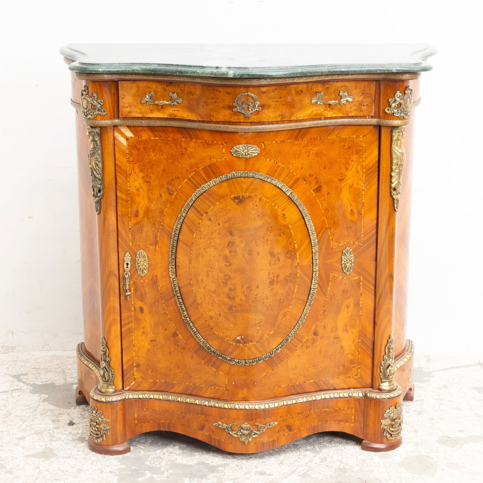Bronze Mounted Burlwood Marble Top Cabinet: * (41 1/4" h x 42" w x 21 1/2" d) Scratches and dings