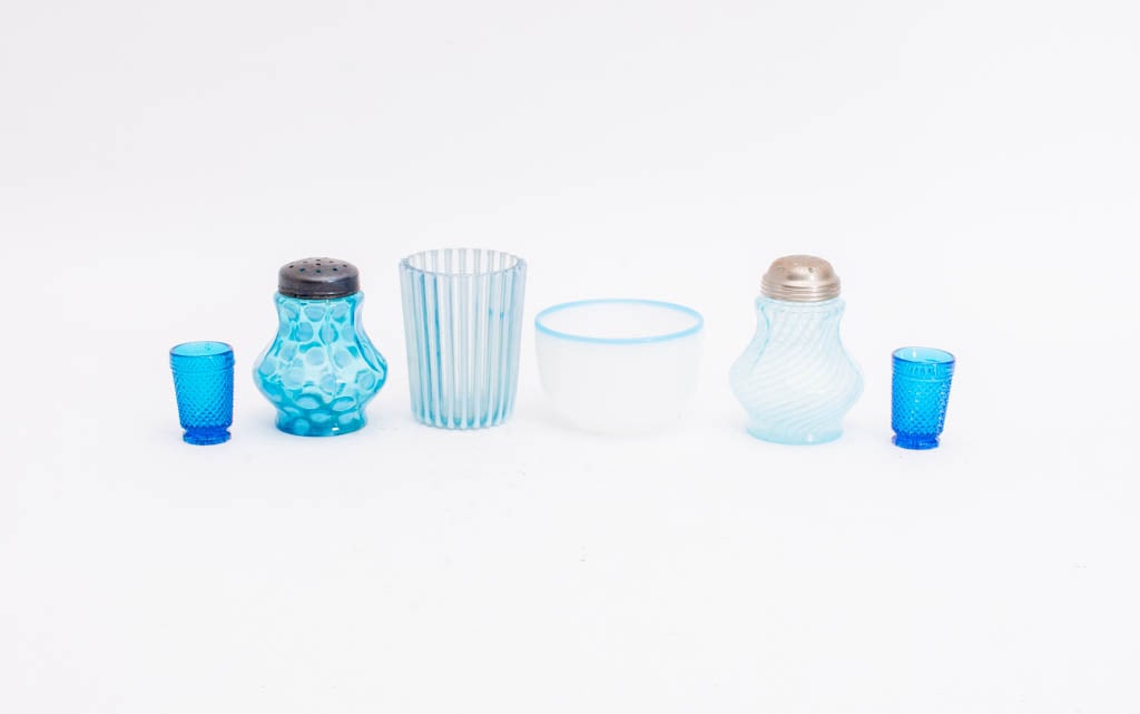 Group of Six Frosted Blue Glass Articles (1 of 7)