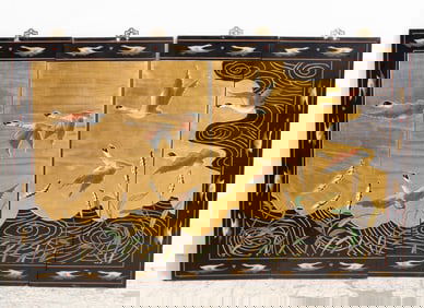 Asian Lacquered Four Panel Screen